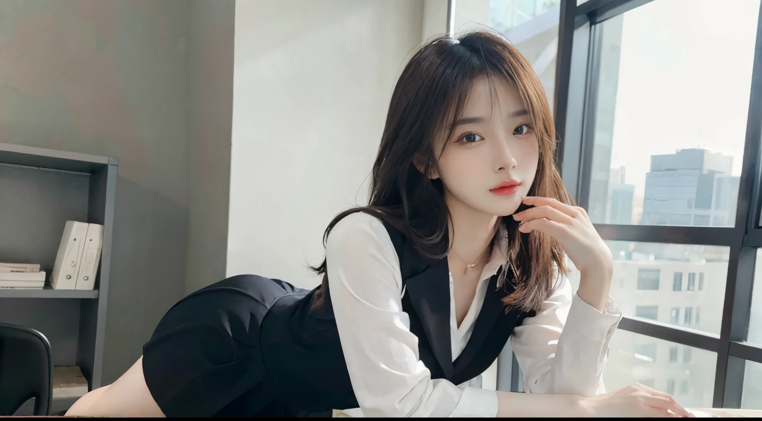On the table, Best quality at best, realisticlying, ultra - detailed, finely detailled, A high resolution, 8k wallpaper, 1 Beautiful woman,, light brown messy hair,office lady uniform, black lence stockings，tack sharp focus, Perfect dynamic composition, 美丽细致的眼睛, Delicate hair, Detailed and realistic skin texture, Full body photo，Model body type