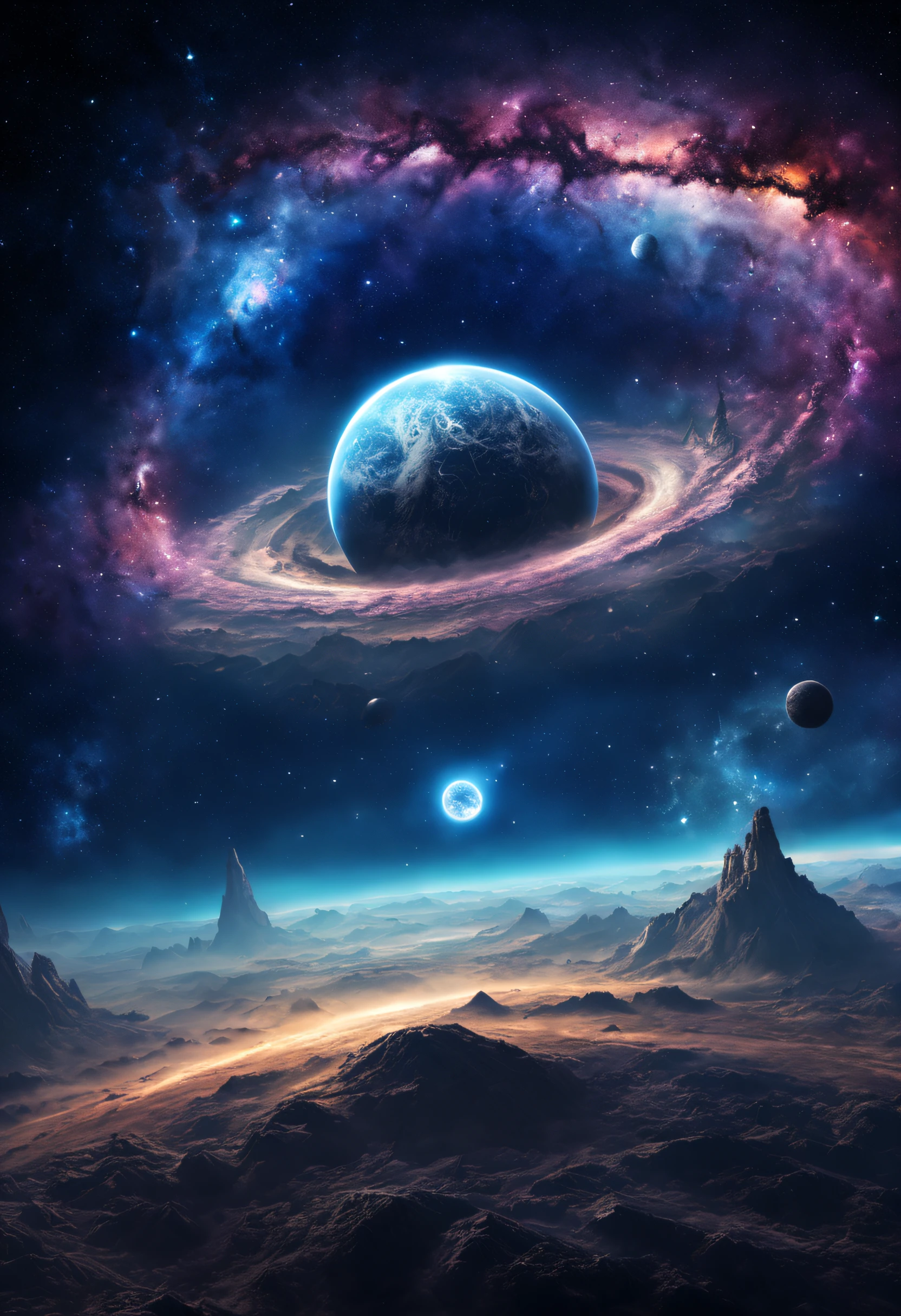 An impressive and beautiful, detailed, textured magnificent alien galaxy with dreaming clouds of stardust and a textured planet a little further away