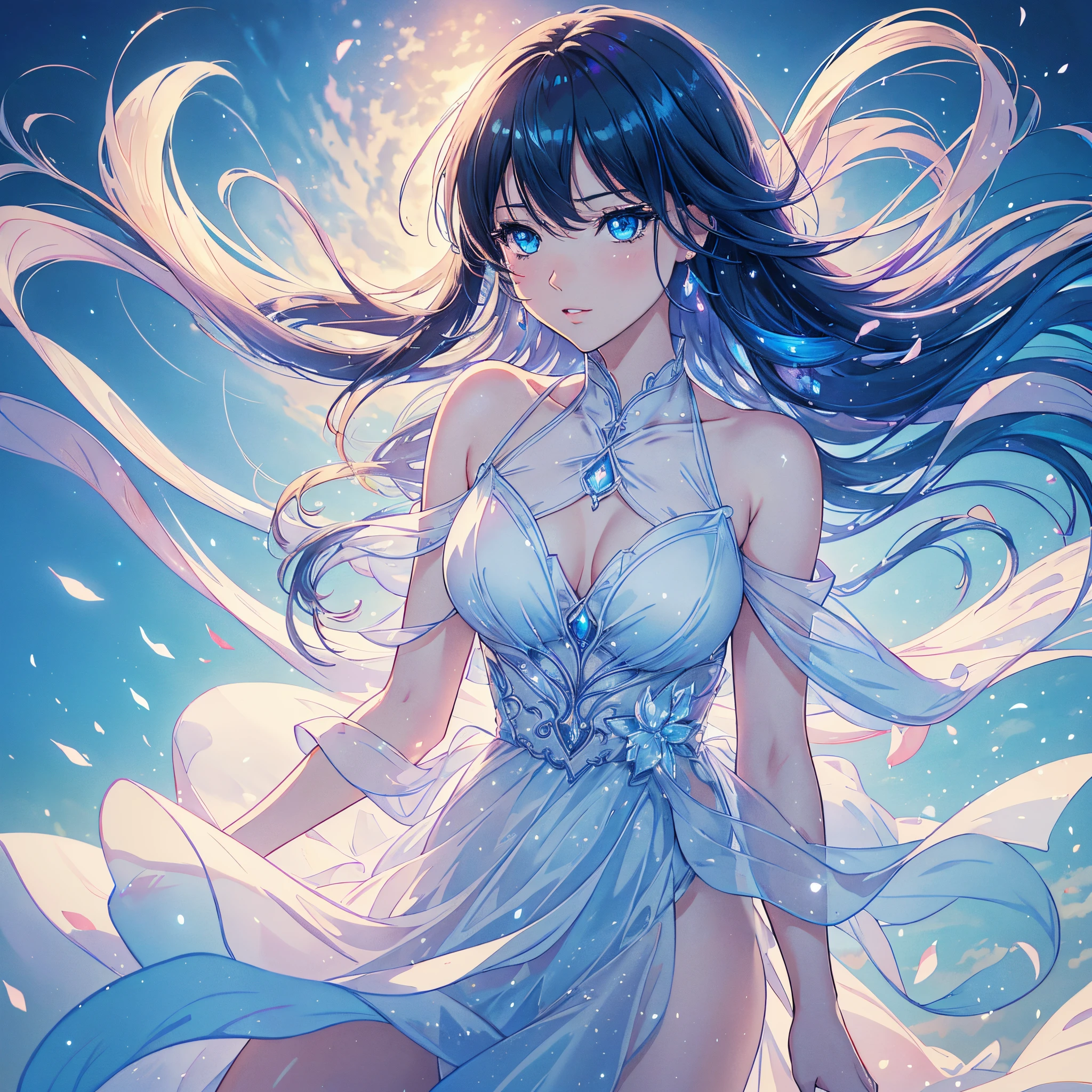 (best quality,4k,8k,highres,masterpiece:1.2),ultra-detailed,(realistic,photorealistic,photo-realistic:1.37),anime girl,black,blue,and white,illustration,shiny hair,sparkling eyes,delicate lips,soft pastel colors,fantasy atmosphere,detailed clothing,flowing dress,magical background,dreamy,moody lighting,subtle shadows,comic style,expressive emotions,dynamic pose,cute accessories,anime-style eyes