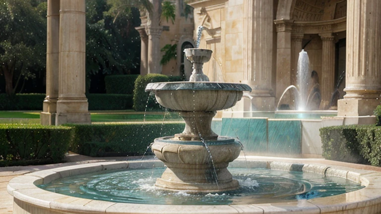 beautiful water fountain, fountain sculpture, roman water fountain, modern water fountain, daylight, blue water, sprinkling water, water sprouting from fountain, white marble water fountain, modern fountain