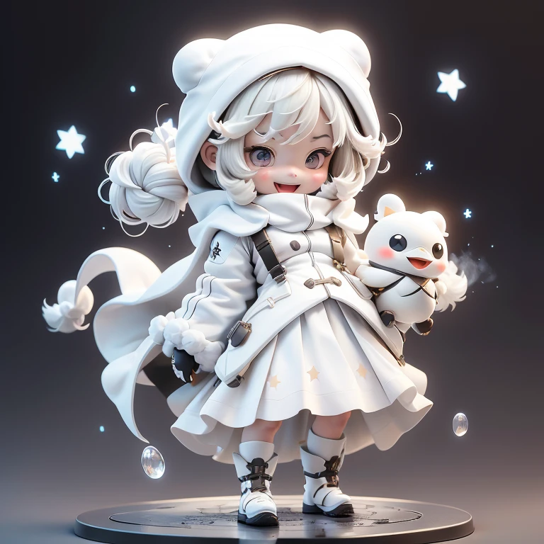 Blind box style,tchibi,cute big breasts,white backgrounid,simple backgound,1个Giant Breast Girl, Alone, lookingat_Show on the_peeping at the viewer, Be red in the face, ssmile, avas_beak, By bangs, mitts, long_the sleeve, a skirt, Brown_The eye, full_body, :d, The white_the hair, boots, The white_mitts, hooding, tchibi, capes, As estrelas_(symbol), The white_a skirt, The white_footwear, Stretched_arma, anthropomorphic turtle, hooding_Upp, airbubble, fluffly_long_the sleeve, The white_capes