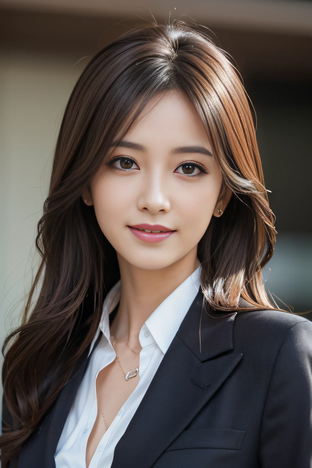 masutepiece, Best Quality, Photorealistic, Ultra-detailed, finely detail, High resolution, 8K Wallpaper, 1 beautiful woman,, light brown messy hair, in a business suit, foco nítido, Perfect dynamic composition, Beautiful detailed eyes, detailed hairs, Detailed realistic skin texture, Smiling, Close-up portrait, Model body type