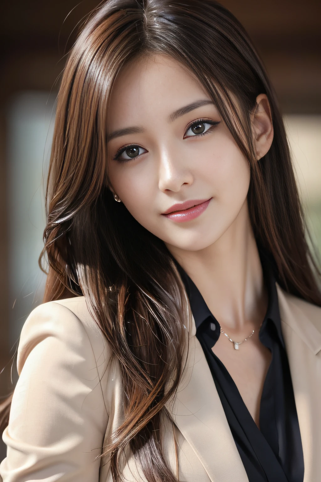 masutepiece, Best Quality, Photorealistic, Ultra-detailed, finely detail, High resolution, 8K Wallpaper, 1 beautiful woman,, light brown messy hair, in a business suit, foco nítido, Perfect dynamic composition, Beautiful detailed eyes, detailed hairs, Detailed realistic skin texture, Smiling, Close-up portrait, Model body type
