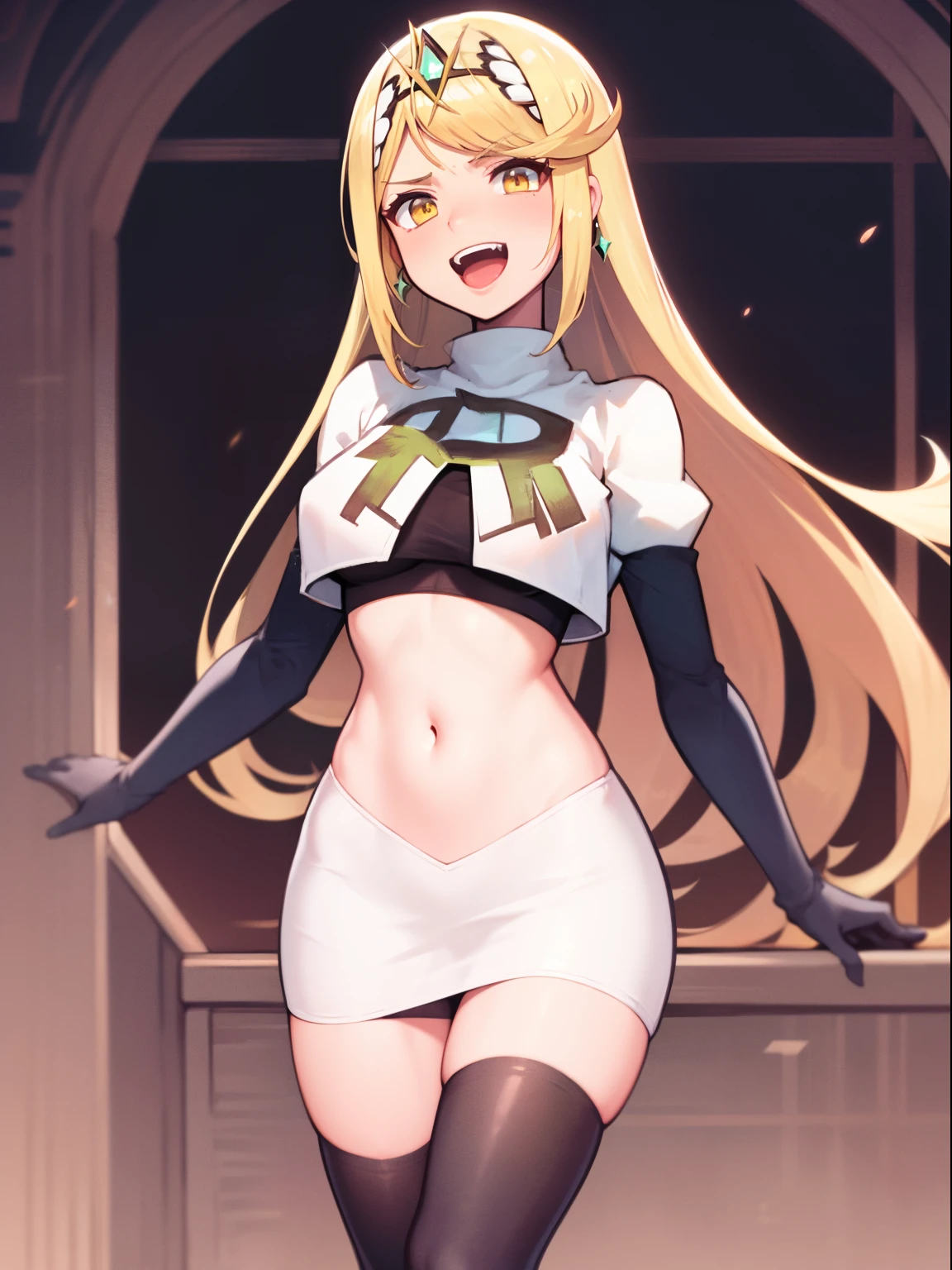 mythra \(xenoblade\), blond hair, yellow eyes, team rocket uniform, red letter R, white skirt,white crop top,black thigh-high boots, black elbow gloves, evil laugh,