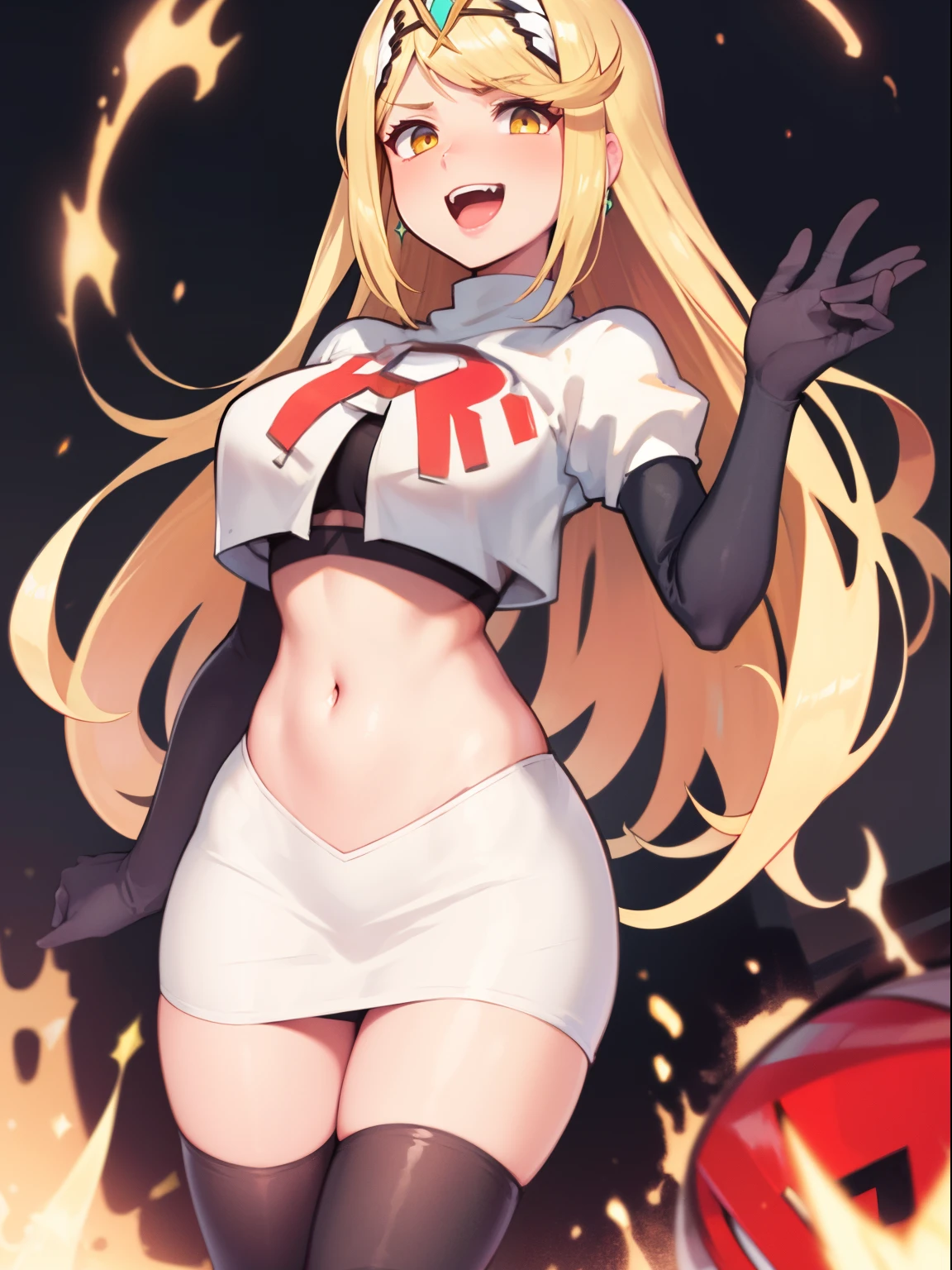 mythra \(xenoblade\), blond hair, yellow eyes, team rocket uniform, red letter R, white skirt,white crop top,black thigh-high boots, black elbow gloves, evil laugh,