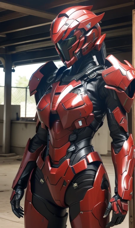 Textured skin, Super Detail, high details, High quality, Best Quality, hight resolution, 1080p, hard disk, Beautiful,(War Machine),beautiful cyborg woman,red and black mecha cyborg girl,Battle Mode,Girl with a Mecha Body(Armor is red 7、black 3 ratio),She wears a futuristic war machine weapon mech、Very Shorthair、Brown eyes、Sweaty face、Frightened look、 Opening Mouth sexy eye Steam from the head