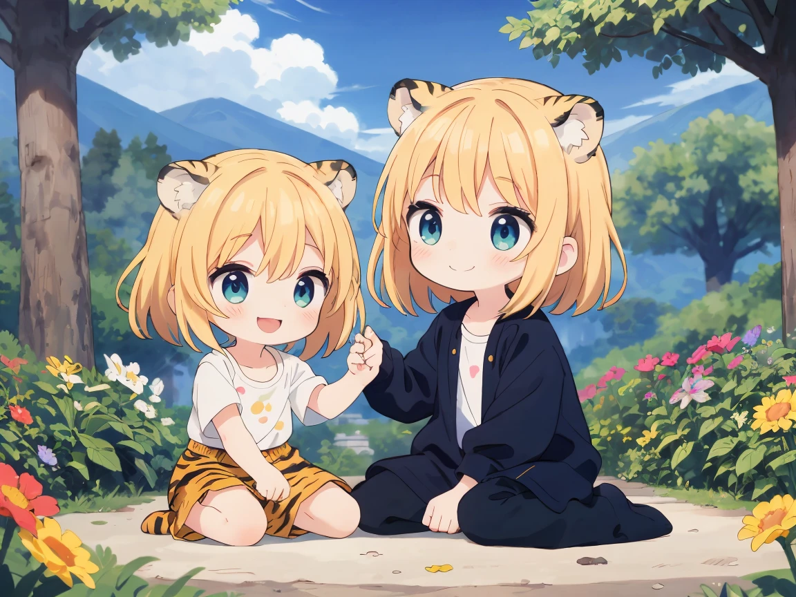 Best Quality, ultra-detailliert, ｛a tiger｝children playing with tiger, Gamine２In person, a blond,  nature backdrop，｛Ruffled Clothes｝Smiling children ,  Naughty figure，shading