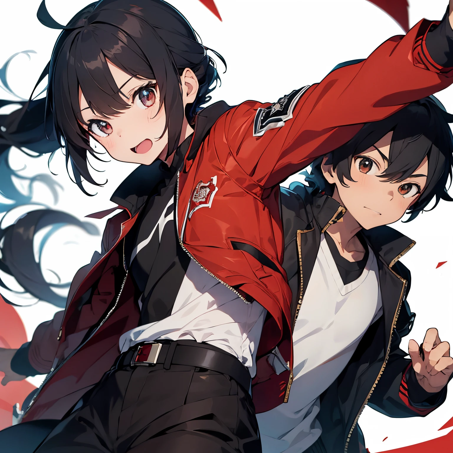 a boy in a red jacket and black pants in front of a white background, Keqing de Genshin Impact, Heise Jinyao, Zhongli, Genshin Impact, Ike Nobutaka, Personagem Genshin Impact, personagem de anime masculino, hijikata toushirou, sorriso roguish, homem bonito anime, como um personagem de anime