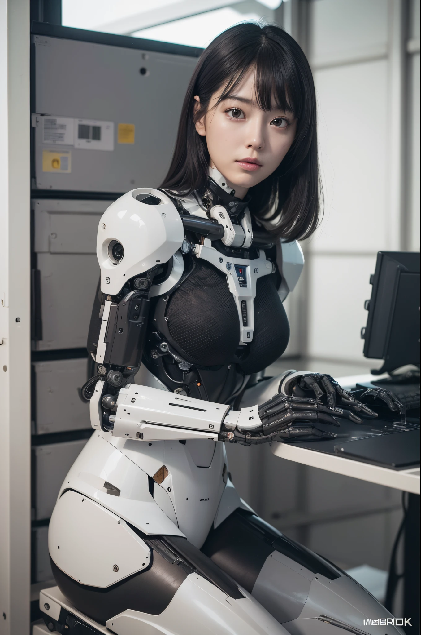 masterpiece, best quality, extremely detailed, (photorealistic:1.4), (RAW photo) (RAW photo) (8K, 4K, Best Quality, hight resolution, 超A high resolution:1.1), (masutepiece, Realistic, Photorealsitic:1.1), 1girl in, Japaese Cyborg girl,Plump , control panels,android,Droid,Mechanical Hand, Robot arms and legs, Black Robot Parts,Black hair,Mechanical body,Blunt bangs,White robotics parts,perfect robot girl,long tube,thick cable connected her neck,ceramic body ,mechanical body, head antenna,short lod antenna on the head,mechanical ear cover, mechanical costume,android,robot,humanoid,cyborg,japanese android receptionist ,white socks,mechanical chest,full eyes,She is packed in a box,She shipped in a container,