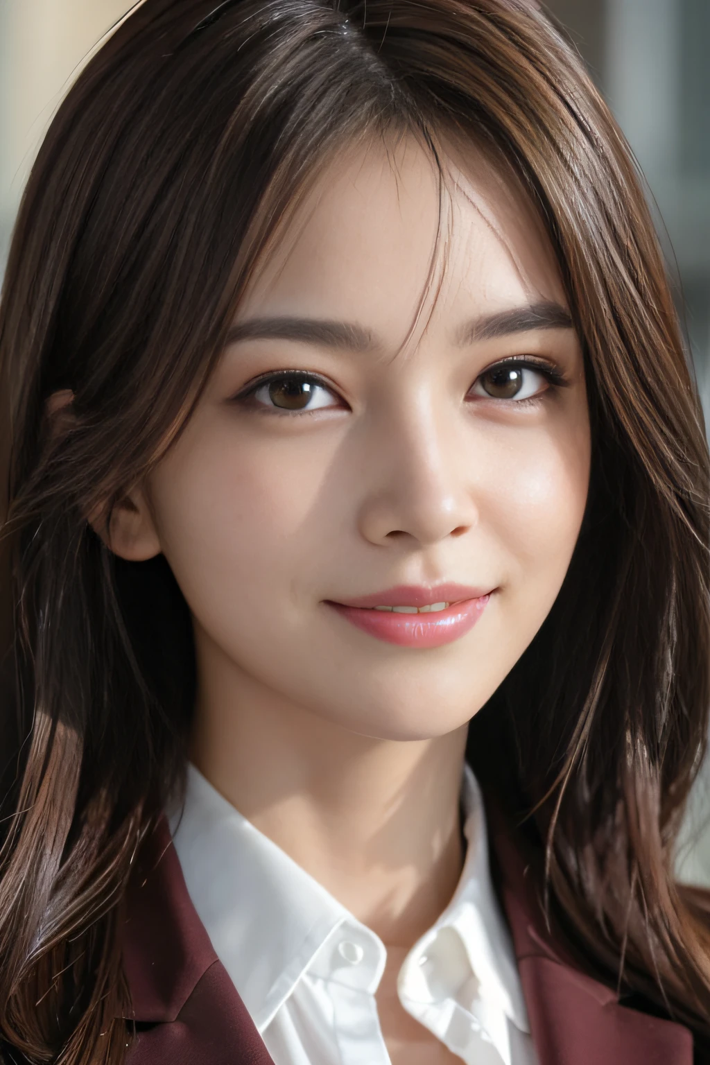 masutepiece, Best Quality, Photorealistic, Ultra-detailed, finely detail, High resolution, 8K Wallpaper, 1 beautiful woman,, light brown messy hair, in a business suit, foco nítido, Perfect dynamic composition, Beautiful detailed eyes, detailed hairs, Detailed realistic skin texture, Smiling, Close-up portrait, Model body type