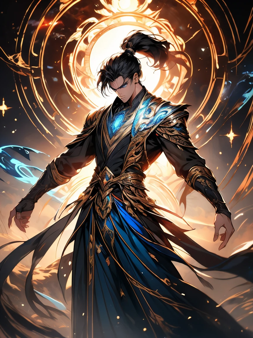 a painting that represents the nature of magic in his world，Black hair with high ponytail，blue eyed protagonist，There is a mysterious black mark on the neck，Blackn clothes，Immerse yourself in a barrage of magical energy，Normal hands，Glowing particles dance around him，Mysterious symbols formed in the sky，In the blue mysterious space， tmasterpiece， Best quality， ultra - detailed， lamplight， 8k resolution concept art， Fantasyart， epic art， 4K concept art wallpaper，dark colour，natural  lightting，swirls of magic