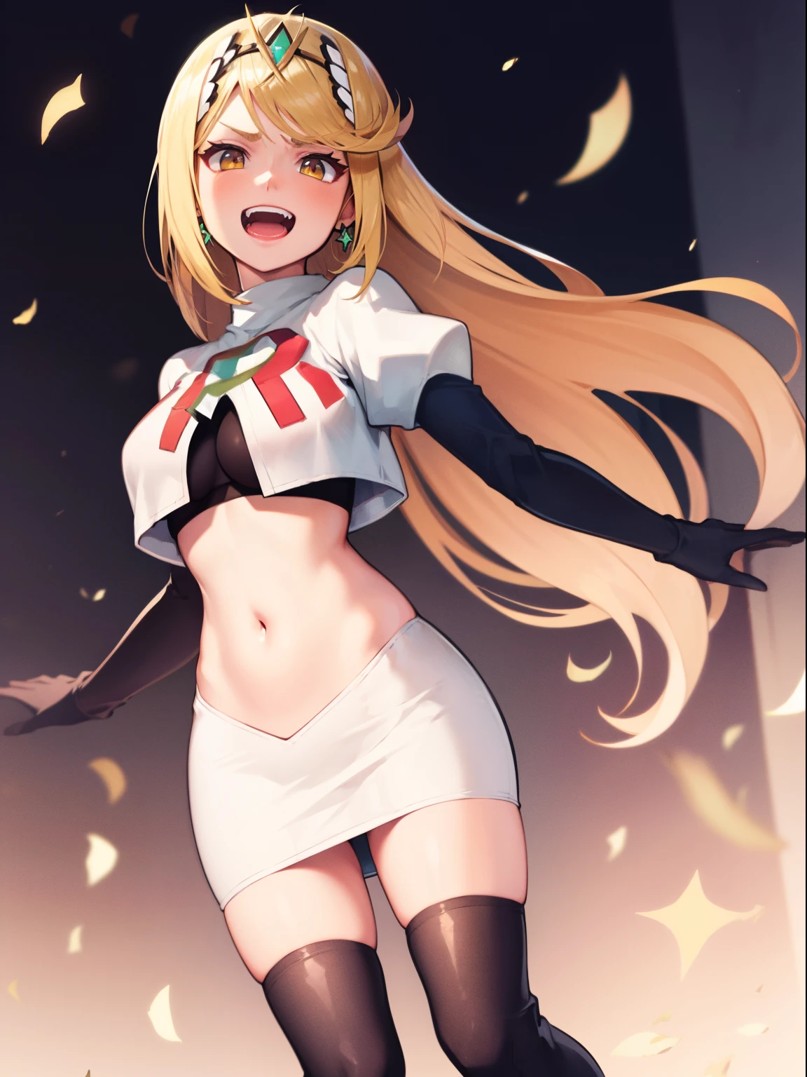 mythra \(xenoblade\), blond hair, yellow eyes, team rocket uniform, red letter R, white skirt,white crop top,black thigh-high boots, black elbow gloves, evil laugh,