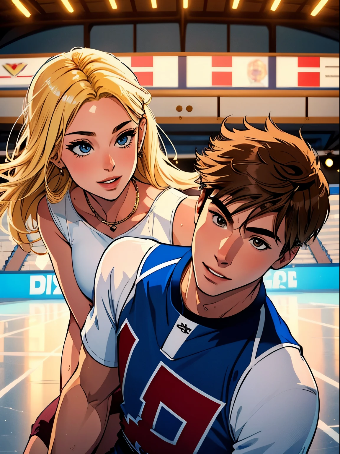 couple inside of ice skating rink, blonde girl, upclose, brunette guy, both boy and girl in picture, happy couple, romantic vibes, human like drawing, good high quality, amazing quality, great quality, guy in hockey uniform, guy in jersey, guy in football jersey, better quality, distinguishable line art, not blurry, no bangs,