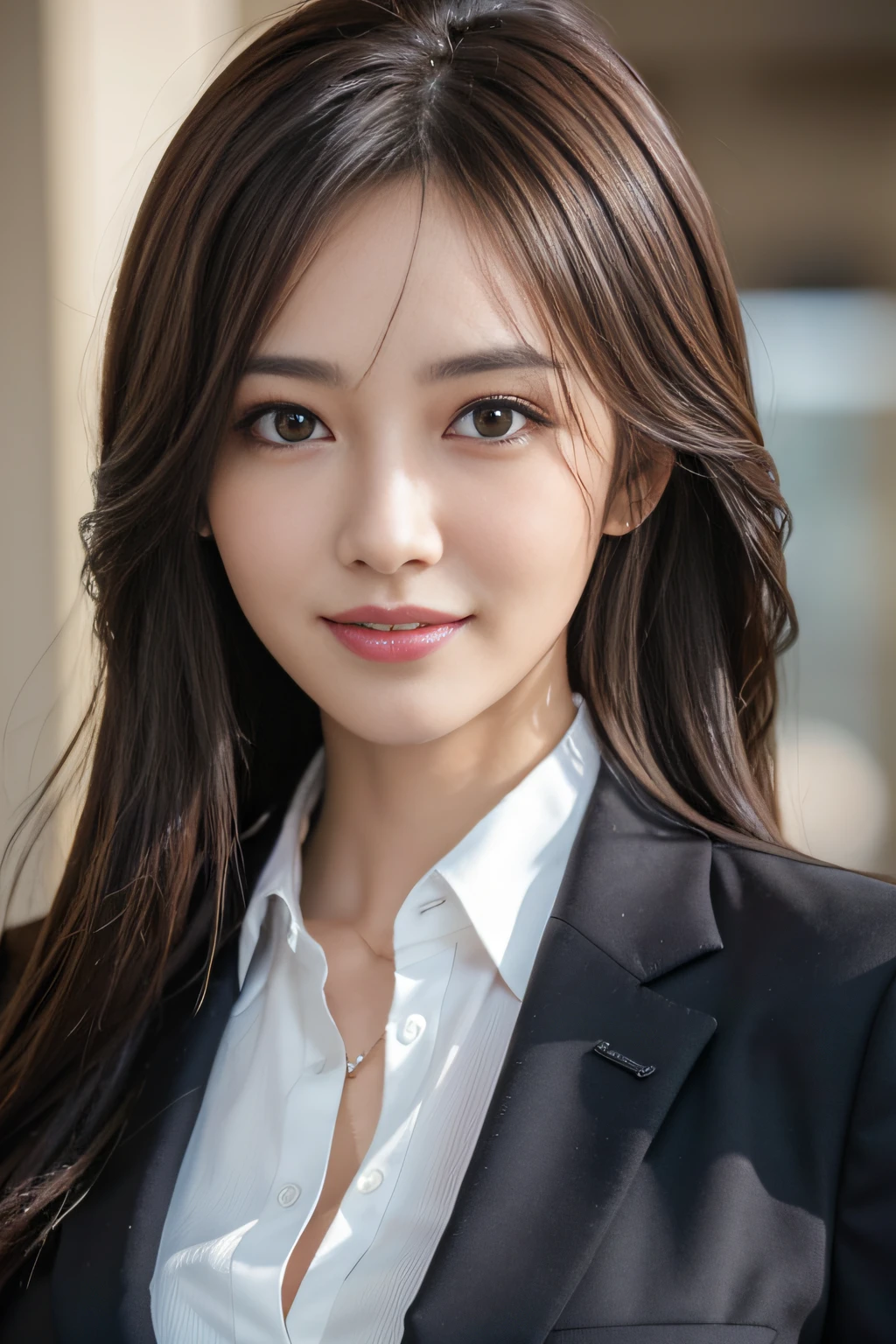 masutepiece, Best Quality, Photorealistic, Ultra-detailed, finely detail, High resolution, 8K Wallpaper, 1 beautiful woman,, light brown messy hair, in a business suit, foco nítido, Perfect dynamic composition, Beautiful detailed eyes, detailed hairs, Detailed realistic skin texture, Smiling, Close-up portrait, Model body type