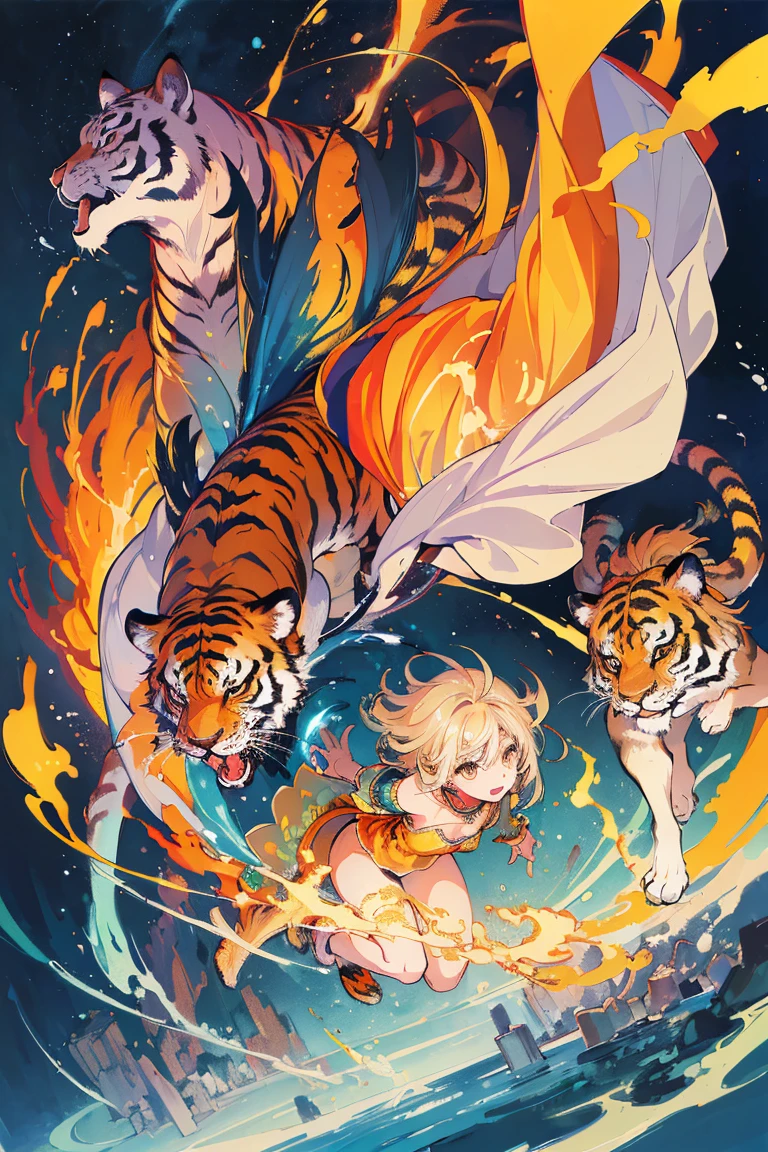 (​masterpiece、top-quality、Official art:1.2)、Look at viewers、｛Dress appearance｝、｛tiger and girl｝、｛Tiger painting｝，A flash of light runs，Colorful water levitation、(2D:1.5)