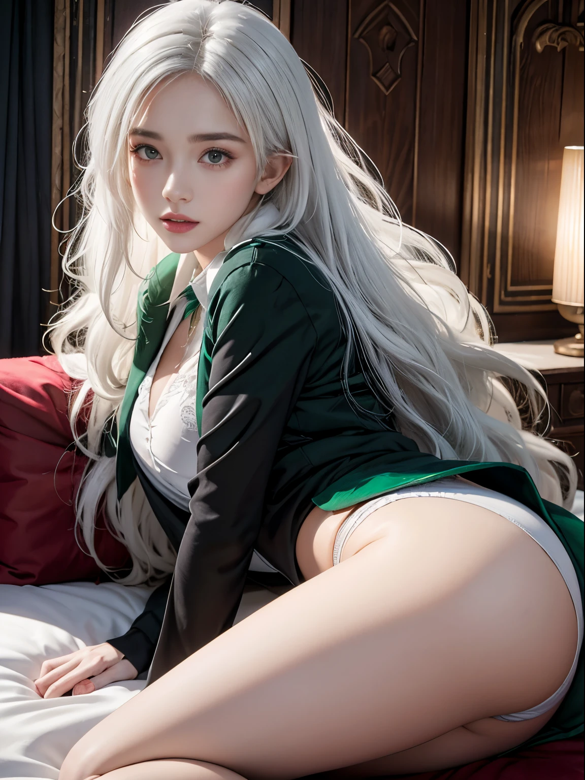 Photorealistic, high resolution, 1womanl, Solo, sit on pillow, turn back, show her butt, view the viewer, (Detailed face), Hogwarts uniform, hogsks, Slytherin，blackstockings, white thong, ancient bedroom,