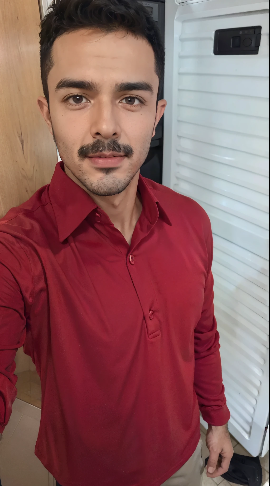 arafed man in a red shirt taking a selfie in front of a refrigerator, andres rios, david rios ferreira, red shirt, aykut aydogdu, light stubble with red shirt, mohamed chahin, with mustache, profile image, enes dirig, caio santos, icaro carvalho, zigor samaniego style, ástor alexander