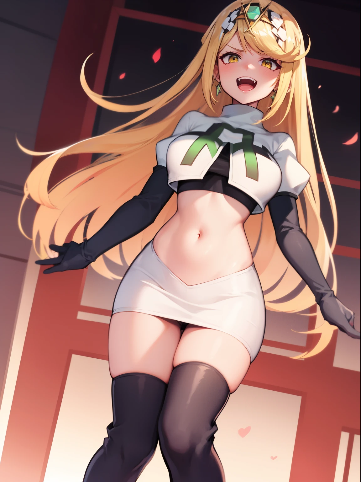 mythra \(xenoblade\), blond hair, yellow eyes, team rocket uniform, red letter R, white skirt,white crop top,black thigh-high boots, black elbow gloves, evil laugh,