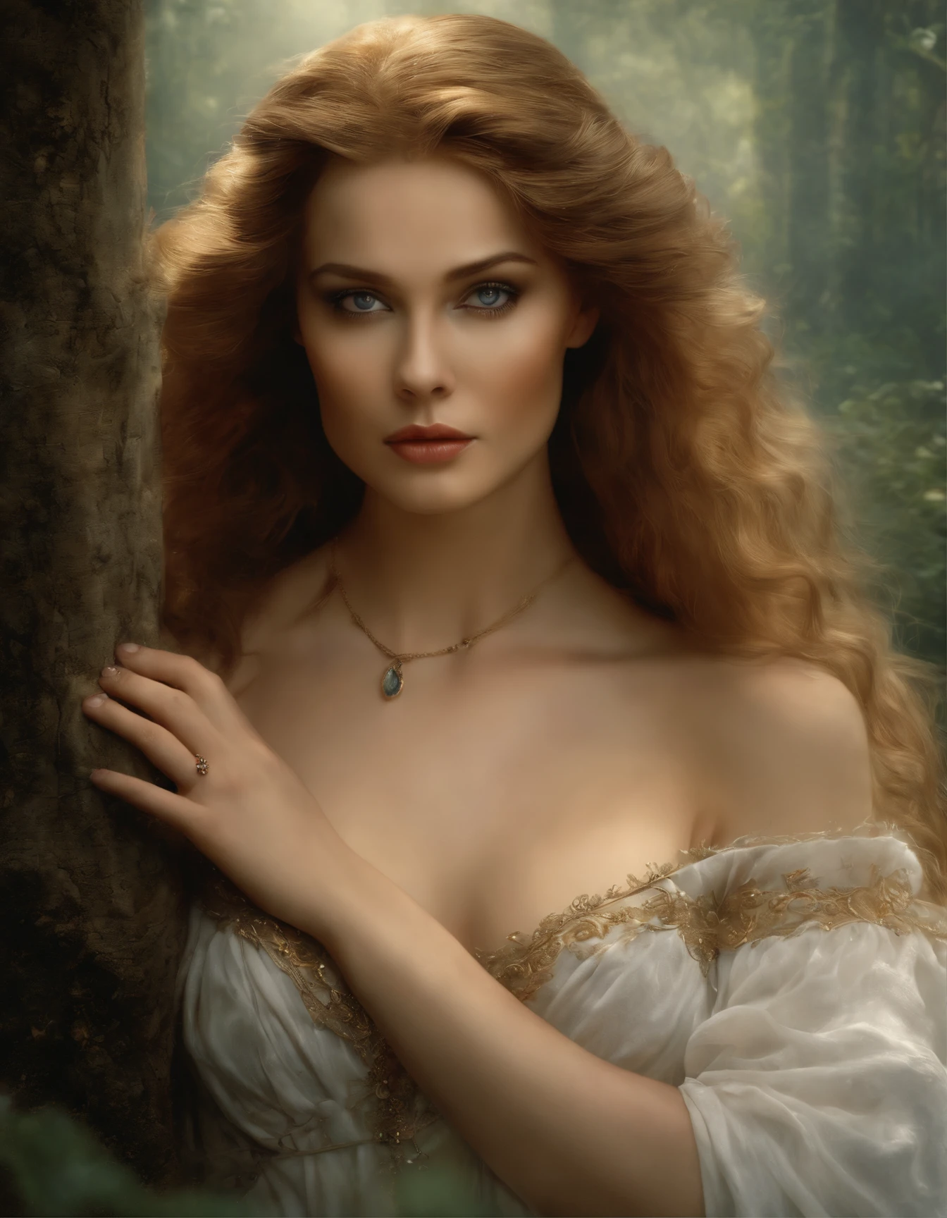 BY luis royo and mucha a beautiful and gorgerous YOUNG COUNTESS, 1700 CE, XVIII CENTURY background, romantic, masterpiece, desperate eyes, muted colors, pastels, beautiful and gorgerous round face ultra-highly detailed and cinematic 32k deviantart contest winning masterpiece, an enchantingly luminescent, dreamy, his beautiful expressive eyes and long wavy hair enhancing his natural beauty and sensuality, this professional concept art Greg Rutkowski and andrei shishkin and artgerm and emile vernon, porcelain white skin, dawn, romantic, mystical, dynamic lighting, digital painting, highly detailed, mist-shrouded forest background, masterpiece, best quality, dreamy colors, intense colors, rich color, feminine tone, amazing high resolution, 8k, in the style of shiny rhinestone crystals