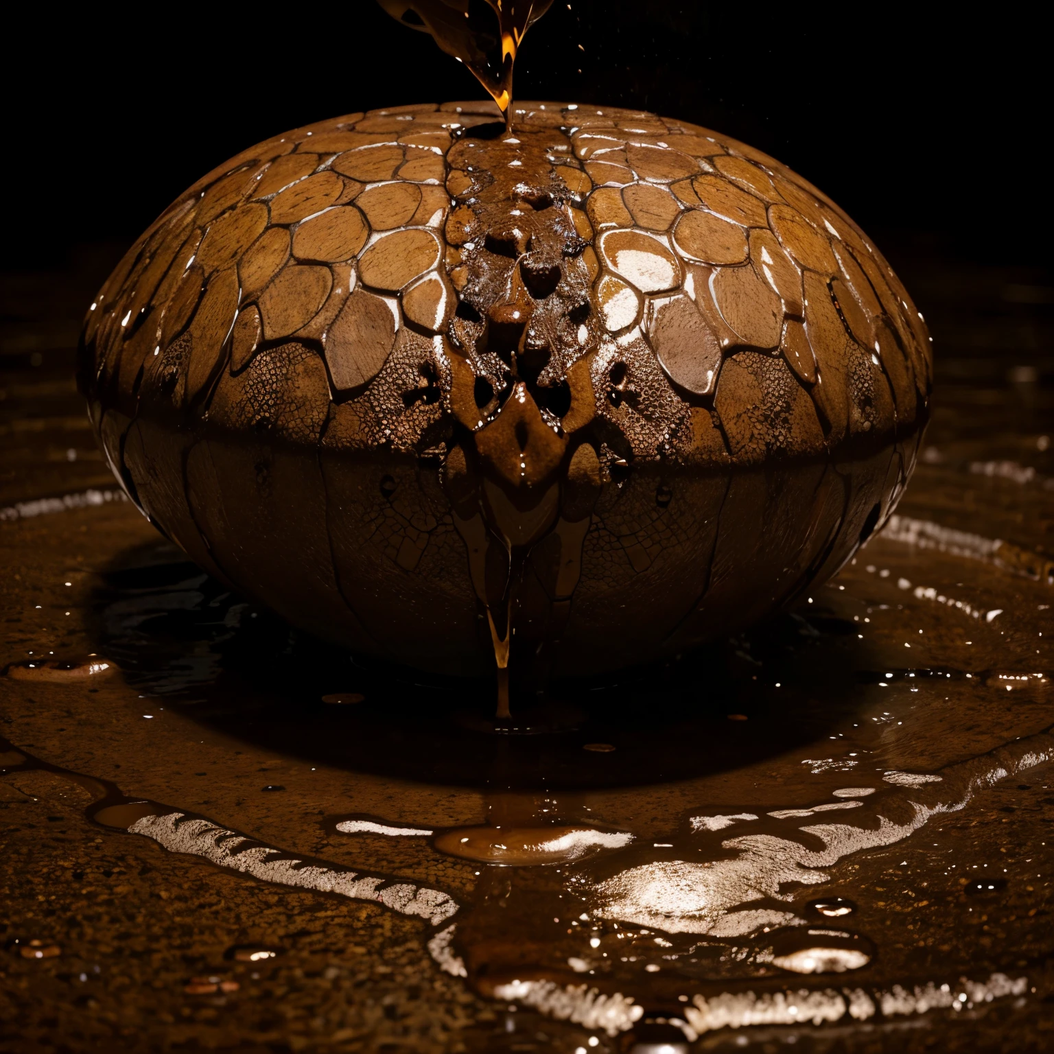 A dragon pooping brown liquid on the ground, The liquid is splashing on a person below, The liquid is steaming