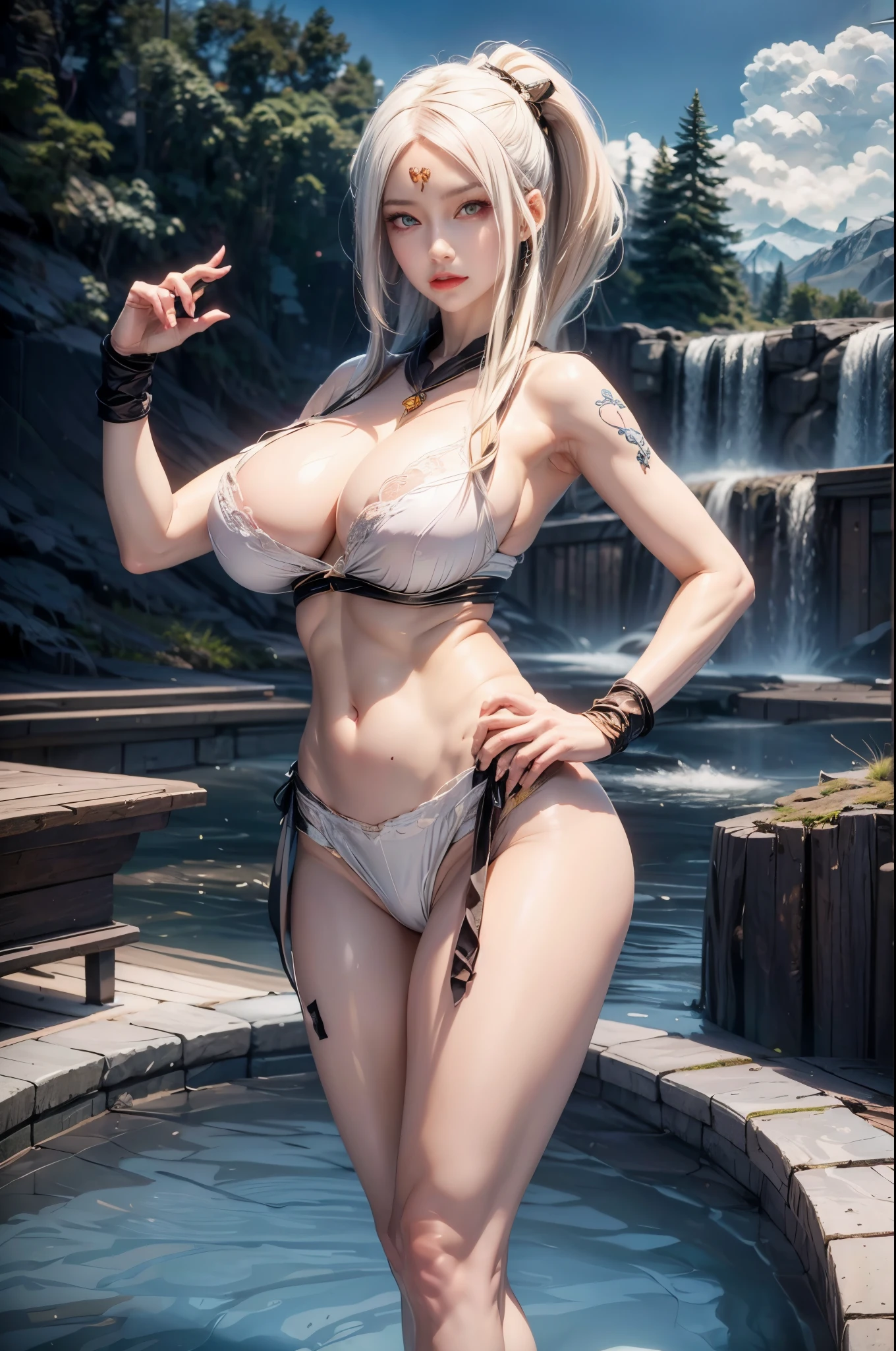 realistic, 1 women, best quality, 12k, HD, long hair, big round breasts, cleavage, ponytail, necklace, jewelry, shorts, short jacket, slim hips, hair tie, yellow eyes, black hair, super detailed, Eye details, hair details, person details, mouth details, face details, breast details, clothes details, hair details, pants details, hand details, whole body