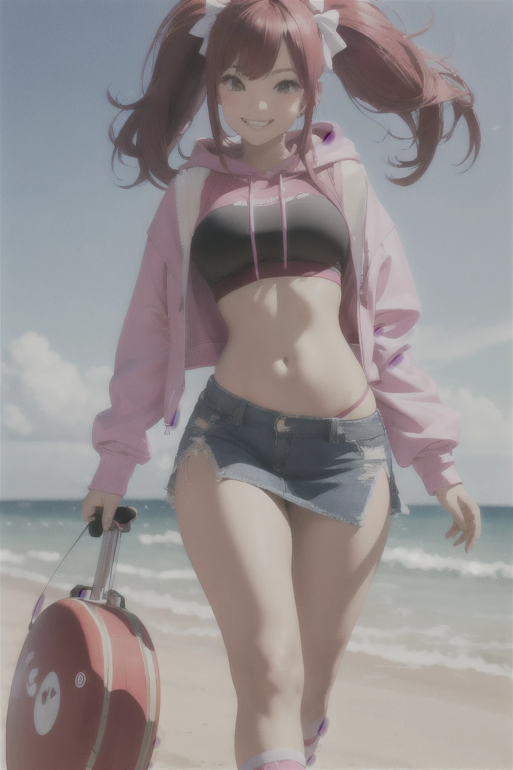 Massively tall and athletic superheroine with long red hair which flares up at the ends, and pink eyes. She has a red bow in her hair. Her attire consists of a pink stringed hoodie vest layered over a pink crop top. The outfit is paired with a miniskirt that goes extremely far past her hips. She wears pink converse shoes. She has a cute smile.