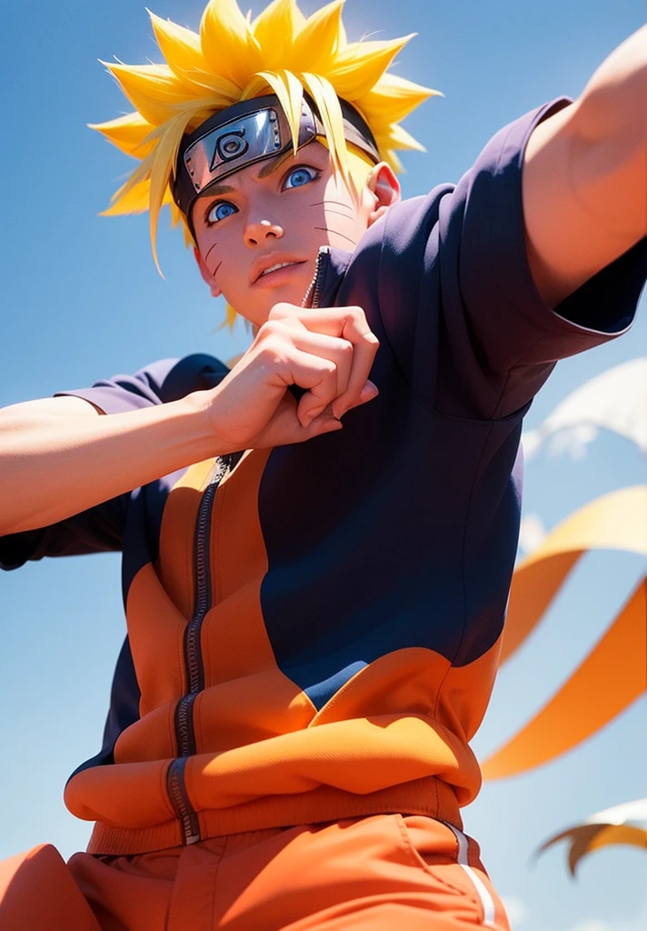 young man, tanned skin, spiky blonde hair, blue eyes, big lips, orange clothes, red cape, Naruto Uzumaki, realistic, 3d