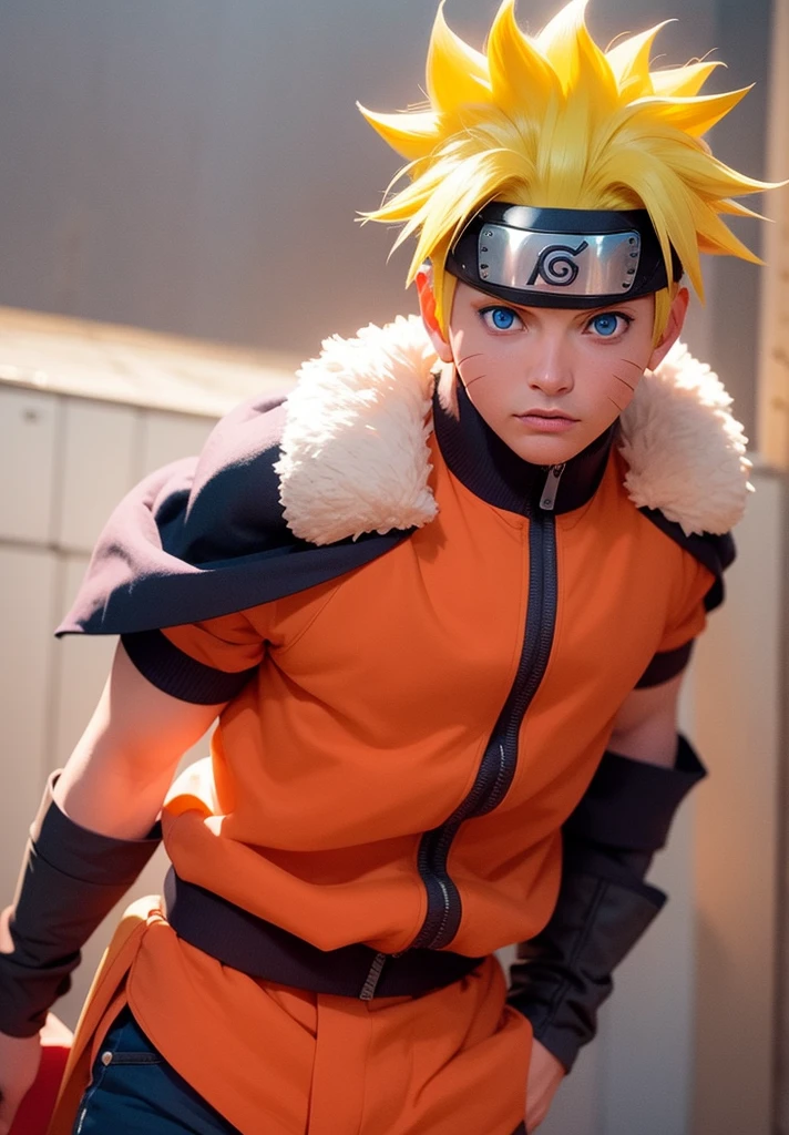 young man, tanned skin, spiky blonde hair, blue eyes, big lips, orange clothes, red cape, Naruto Uzumaki, realistic, 3d