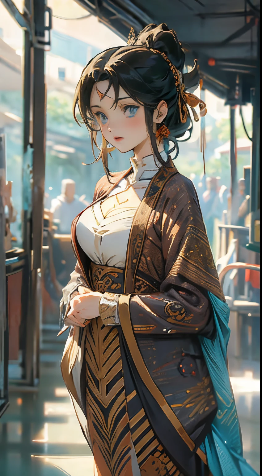 Anime style, a beautifull young woman random ethinic, futurist costume, futuristic place