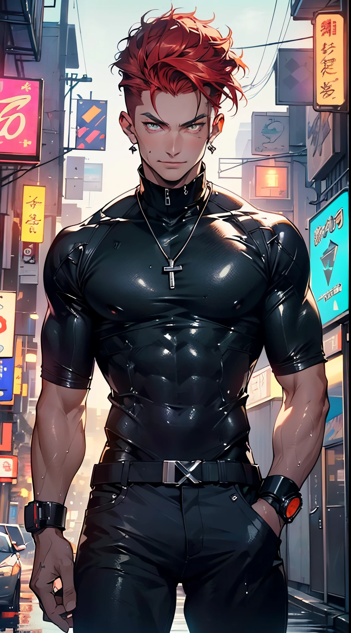 man:1.5,1 man,thief man,(((1man))),((man with stylish short hair)),
(((1male,man:1.5,handsome man,male,male gender:1.5,male focus))),macho man,
((short red hair,detailed hair,highly detailed hair,red hair,dyed interior hair,colored inner hair)),(((lustrous skin:1.5,tanned skin,bright skin: 1.5,skin tanned,shiny skin,very shiny skin,shiny body,illuminated skin))),(((orange_eyes:1.2))),intricate eyes,beautiful detailed eyes,symmetrical eyes,((man chest)),handsome face,((muscular)),(((detailed face))),
alluring look,nsfw,
(((bare chest))),elegant white pants,((bulge in pants)),((elegant thief outfit)),(wearing a elegant thief outfit:1.3,thief clothes),((wet clothes,intricate outfit,intricate clothes)),
(dynamic pose:1.0),solo focus,((evil smile,evil look)),(centered,scale to fit dimensions,Rule of thirds),
cyberpunk city by the ocean at night, with bright neon signs and dark stormy clouds and puddles, scenery:1.25,nighttime, starry night, cosmos,Very dark night that makes the neon lights stand out, very bright neon lights,nighttime, starry night, cosmos,
highres, sharp focus, (ultra detailed, extremely detailed), (photorealistic artwork:1.37),(extremely detailed CG unity 8k wallpaper),((synthwave background theme)),(((vibrant colors))),(intricate background),(masterpiece),(best quality),