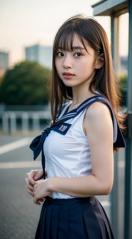 (Best Quality, 8K, 32K, masutepiece, nffsw:1.2), (Raw photo), (Realistic), (Photorealistic:1.2), (High resolution), Ultra-detailed, Extremely beautiful face & Eyes, 1girl in, (Lori, :1.2), Young Woman, round small face, thin waist, huge-breasted, slim proportions, (Japan sailor suit, sailor fuku, serafuku, Japanese school sailor uniform, darkblue pleated skirt:1.27), (From below, White thong, Crotch:1.24), Rooftop of the city of dawn,