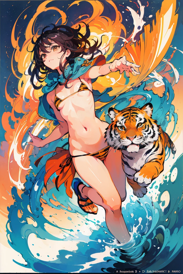 (​masterpiece、top-quality、Official art:1.2)、Look at viewers、｛Micro bikini｝、｛tiger and girl｝、｛Tiger painting｝，A flash of light runs，Colorful water levitation、(2D:1.5)