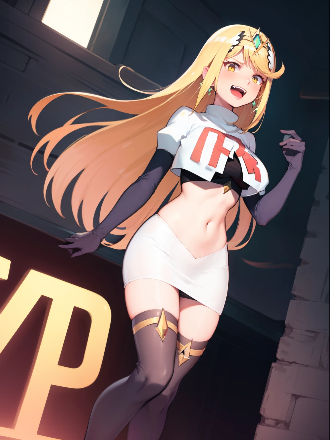 mythra \(xenoblade\), blond hair, yellow eyes, team rocket uniform, red letter R, white skirt,white crop top,black thigh-high boots, black elbow gloves, evil laugh,