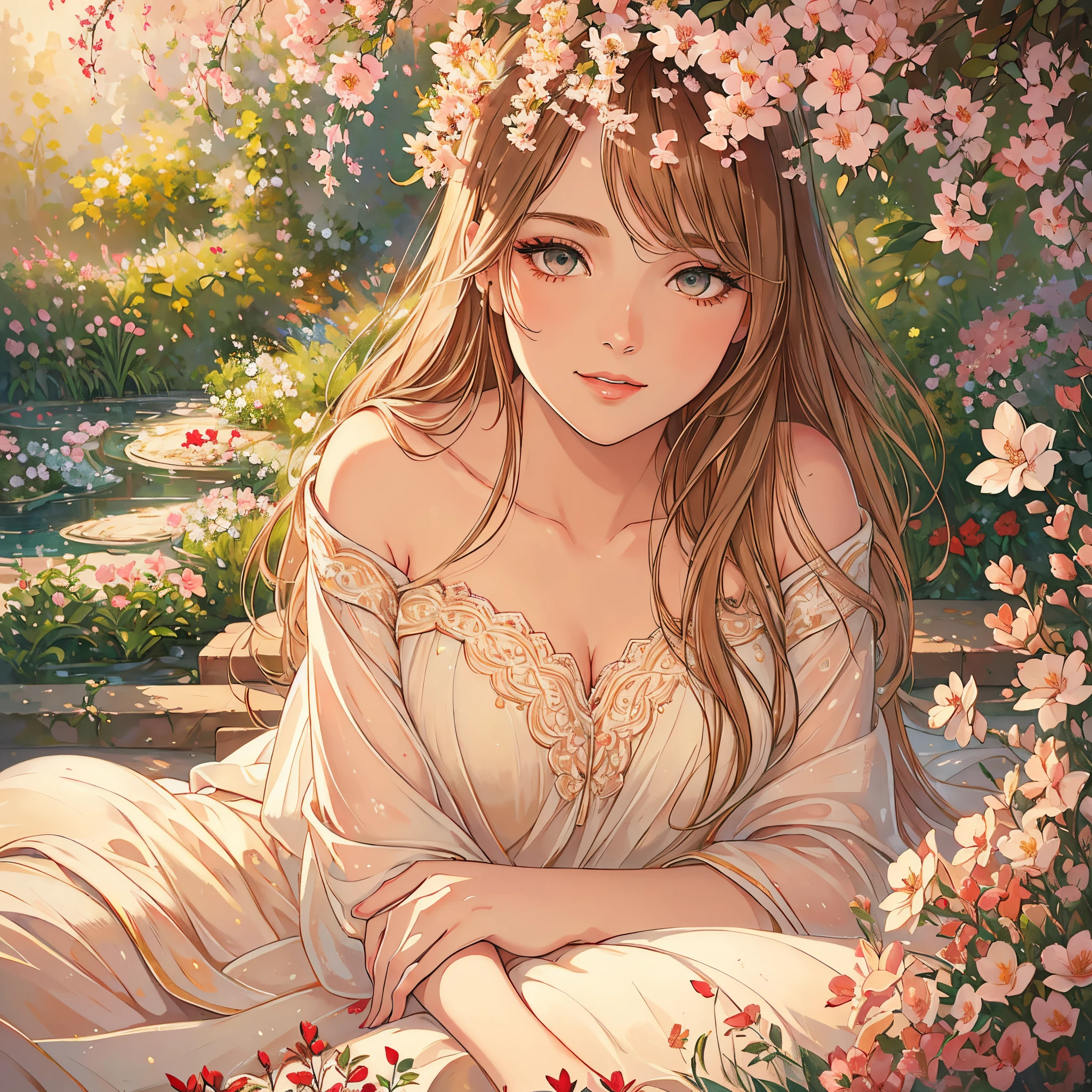 best quality,ultra-detailed,(realistic:1.37),portraits,beautiful detailed eyes,beautiful detailed lips,extremely detailed eyes and face,long eyelashes,1girl,red and beige tones,white accents,soft lighting,luscious garden scene,flowing dress,relaxed pose,subtle smile,photorealistic,medium:oil painting