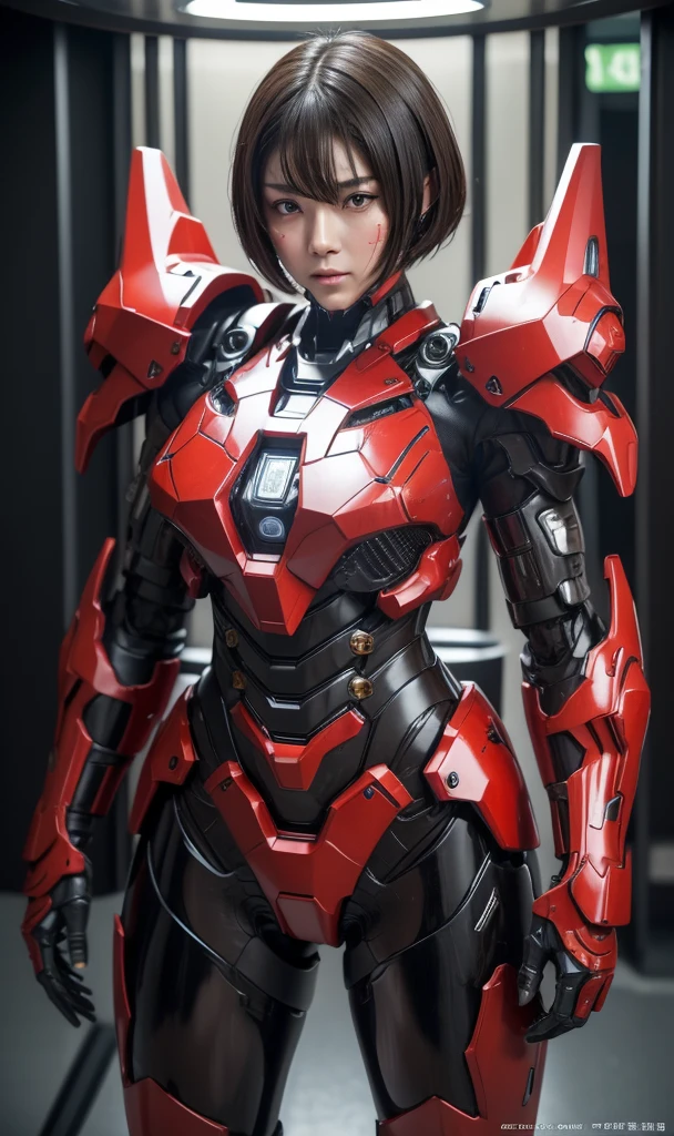 Textured skin, Super Detail, high details, High quality, Best Quality, hight resolution, 1080p, hard disk, Beautiful,(War Machine),beautiful cyborg woman,red and black mecha cyborg girl,Battle Mode,Girl with a Mecha Body(armor is red 7、black 3 ratio),She wears a futuristic war machine weapon mech、Very Shorthair、Brown eyes、Sweaty face、Fatigued look、　Opening Mouth　sexy eye　Steam from the head　kneeking