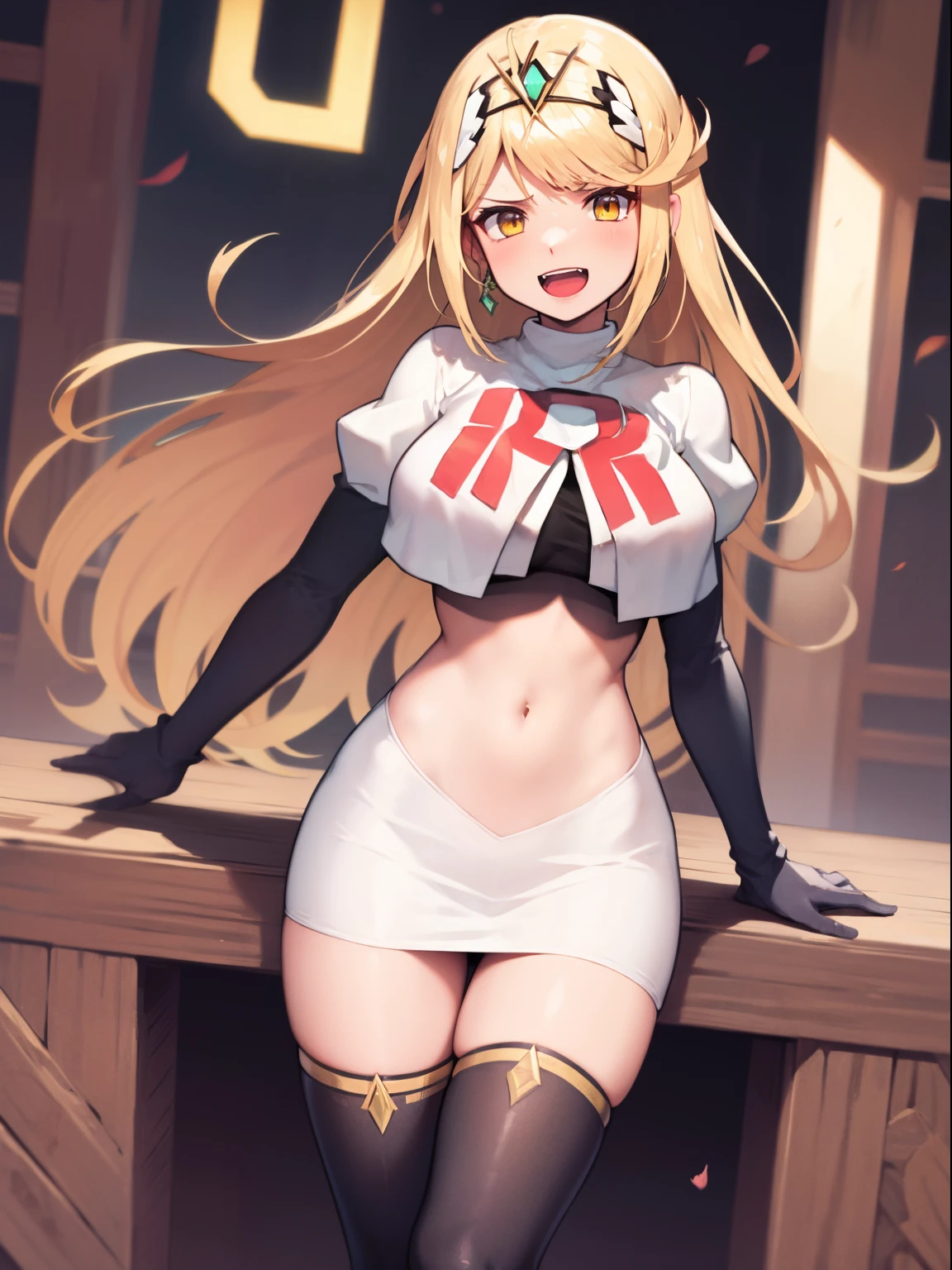 mythra \(xenoblade\), blond hair, yellow eyes, team rocket uniform, red letter R, white skirt,white crop top,black thigh-high boots, black elbow gloves, evil laugh,