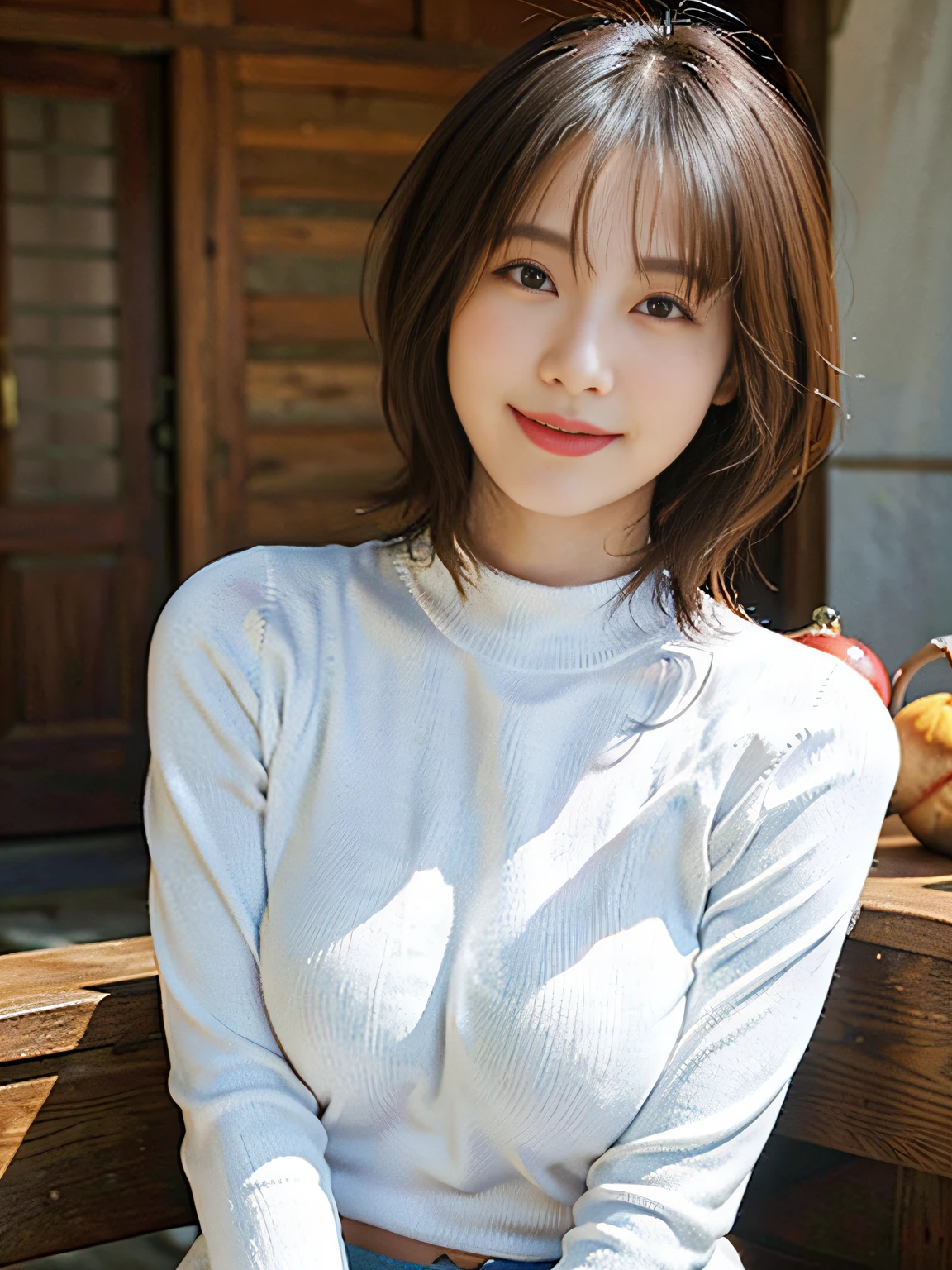 (realisitic, Photorealsitic:1.5), (top-quality:1.5), (超A high resolution:1.5), (masterpiece), hyper realisitic, Bright lighting from front:1.8, (japanes), (1a person:1.5), (30-years old), (White tight knit:1.5), (A big smile), (Double eyes), (Sauce order:1.5), (Thin makeup), (short-hair:1.5), (Straight hair), (Silvery hair), (large full breasts:1.5),(Prominent nipples:1.2)