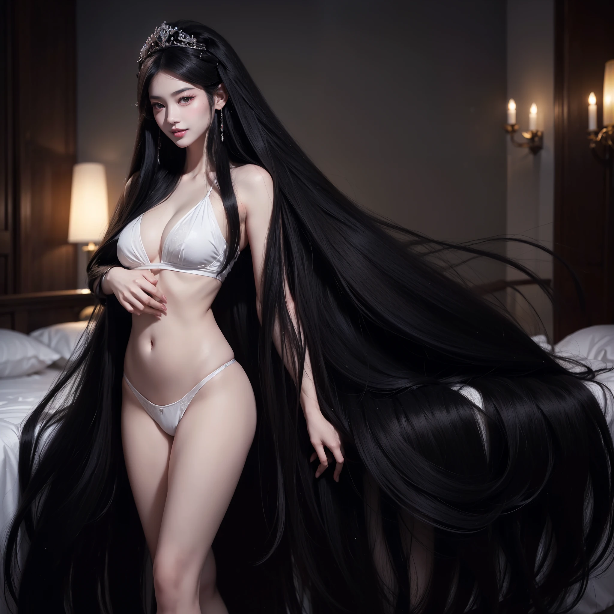 (Best image quality、Highest quality、Highest Resolution、Ultra-realisticな写真、Full body photo、masterpiece、16ｋ、）One girl、Amazingly long black hair is super beautiful、hair length about 5 meters、White underwear or naked、Covering the whole body with jet black straight hair、Very beautiful face、Beautifully groomed black hair、Very large amounts of hair、Super long black hair that accentuates feminine sexiness、Slim figure、Shiny beautiful hair、Bright lighting、Professional Lighting、World Long Hair Contest Winner、Full body photo、Head to toe photos、Taken from about 4 meters away、Ultra-realistic、both hands、The longest black hair in the world、My hair is heavy&#39;tired、Hair longer than Rapunzel、Very large amounts of hair、She has very long black hair that covers her entire body..、Hair that is shampooed every day is so beautiful、My hair smells like roses and my very long black hair makes me sexy.、My charm is my long black hair.、Long black hair is a symbol of beauty、I&#39;m proud of my long black hair、The length and volume of this long hair is admired around the world.、Very long black hair spread out in a fan shape、Looking Back、Sleeping on your stomach、Smooth black hair that flows from shoulders to floor、I have a lot of hair、My hair is very thick、Cover the entire bed with hair、Hiding your hands with your long hair、Hide your fingers with your long hair、I am proud of my long black hair、The length and volume of this long hair is admired around the world..、My very long black hair is fanned out..、Backwards、Sleeping on your stomach、Silky black hair flowing from shoulders to the floor、a tremendous amount of hair、My hair is very thick、Wrap the whole bed in hair、Hide your hands with your long hair、Hide your fingers with your long hair、Black hair that seems to overflow from the screen、A beautiful woman with black hair longer than her height。Alone in the bedroom。White underwear or nude。so much hair。Brush your hair back。Hair soars。hair length about 5 meters。Hair wrapped around the body。Beauty Women。Her incredibly long and straight hair is very sexy.。The longest hair in the world。World Long Hair Contest Winner。Carefully cared for, shiny and beautiful hair。I&#39;m proud of the length of my hair。I&#39;m proud of the length of my hair。She is proud of her very, very long hair.。Very long, voluptuous hair。Long and beautiful hair is loved by people all over the world.々is captivating。A smile that shines with long hair。Sleeping face down on the bed。Lying in bed。Crawl on the bed。Sleeping in bed。Captivating pose。