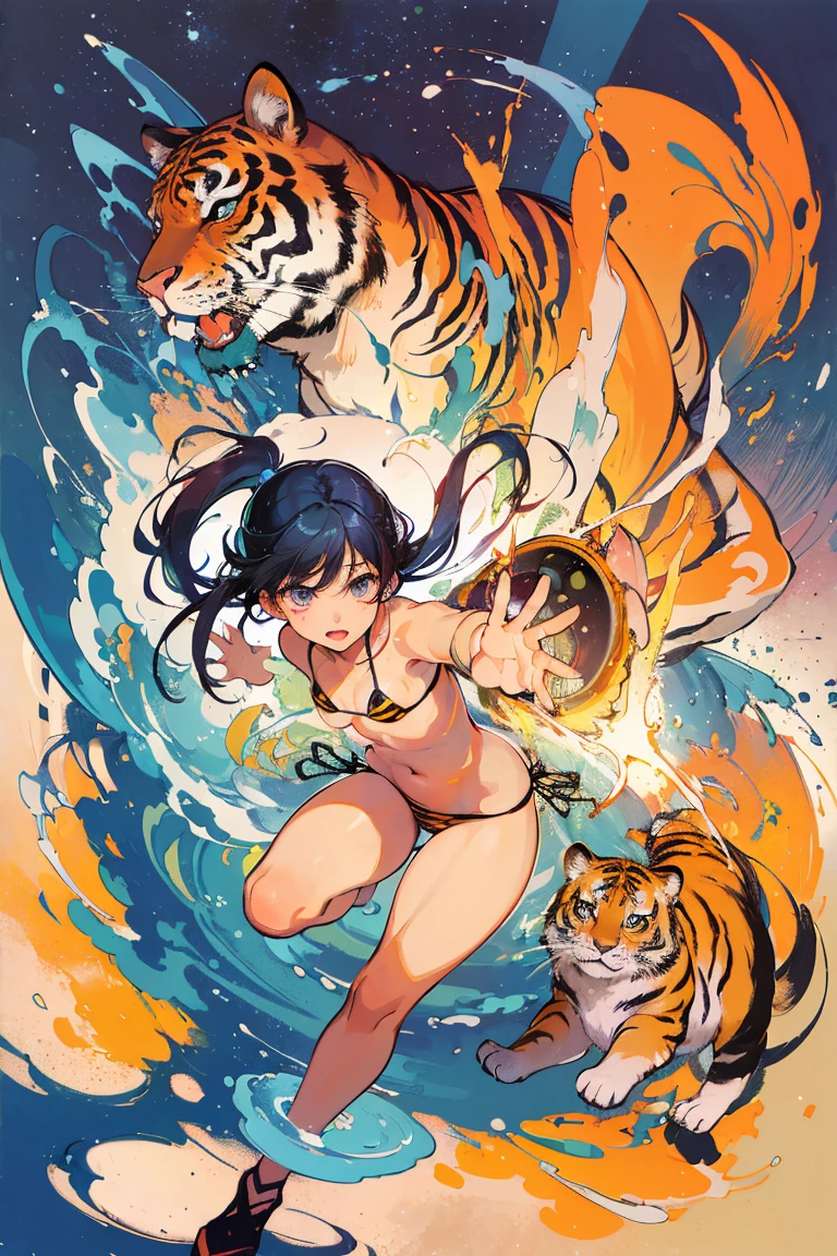 (masterpiece、top-quality、Official art:1.2)、Look at viewers、{Micro bikini}、{tiger and girl}、{Tiger painting},A flash of light runs,Colorful water levitation、(2D:1.5)