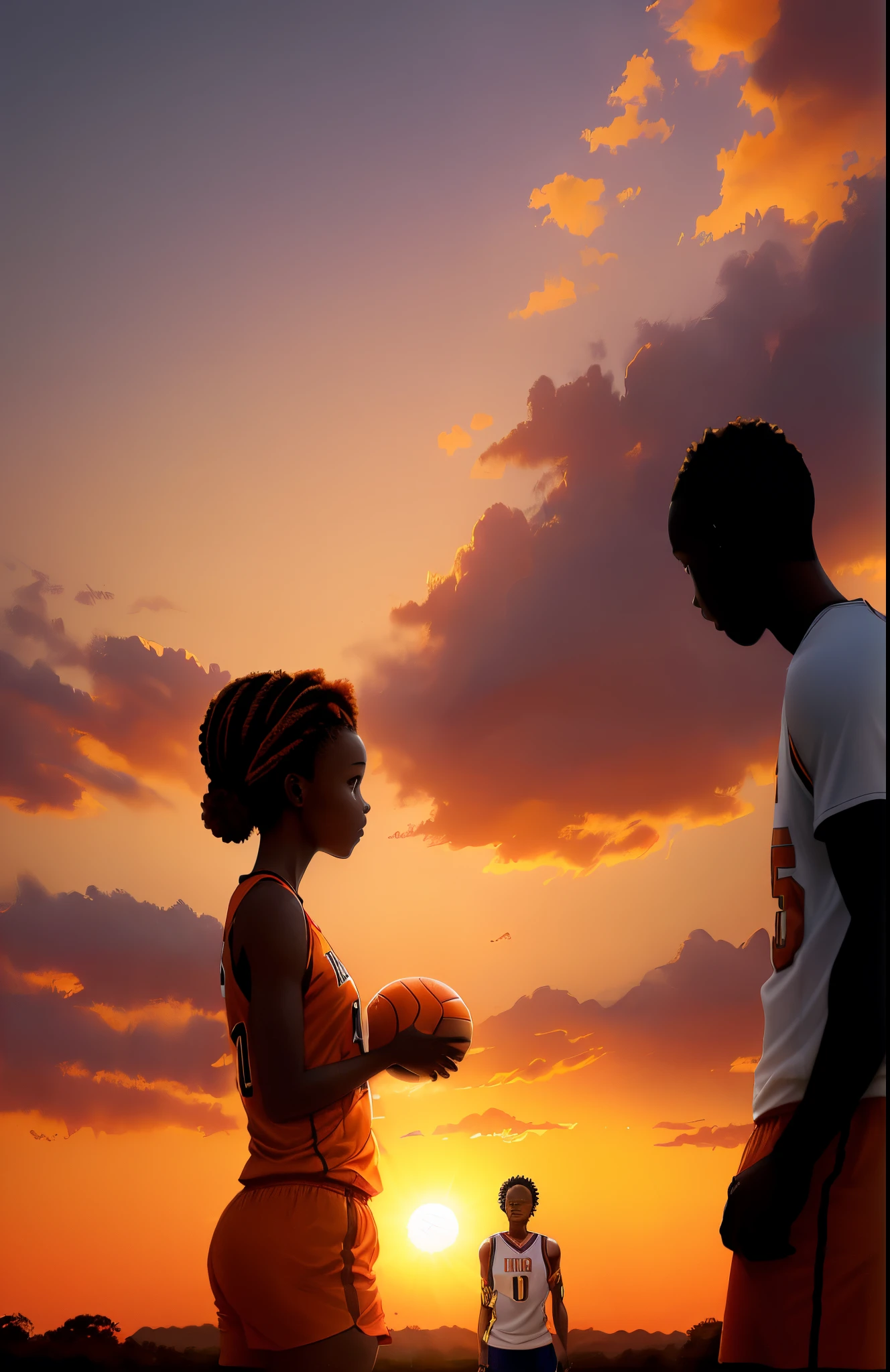I want images of a beautiful field with a very orange sunset and a reddish sun, an African couple with short hair and braids , one is playing basketball with the ball , she is playing volleyball, os dois admirando a paisagem