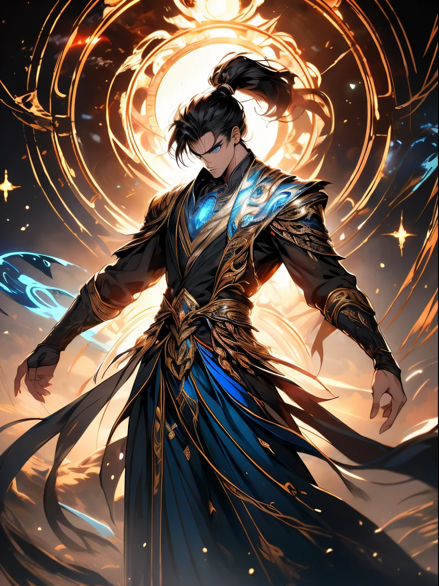 a painting that represents the nature of magic in his world，Black hair with high ponytail，blue eyed protagonist，There is a mysterious black mark on the neck，Blackn clothes，Immerse yourself in a barrage of magical energy，Normal hands，Glowing particles dance around him，Mysterious symbols formed in the sky，In the blue mysterious space， tmasterpiece， Best quality， ultra - detailed， lamplight， 8k resolution concept art， Fantasyart， epic art， 4K concept art wallpaper，dark colour，natural  lightting，swirls of magic