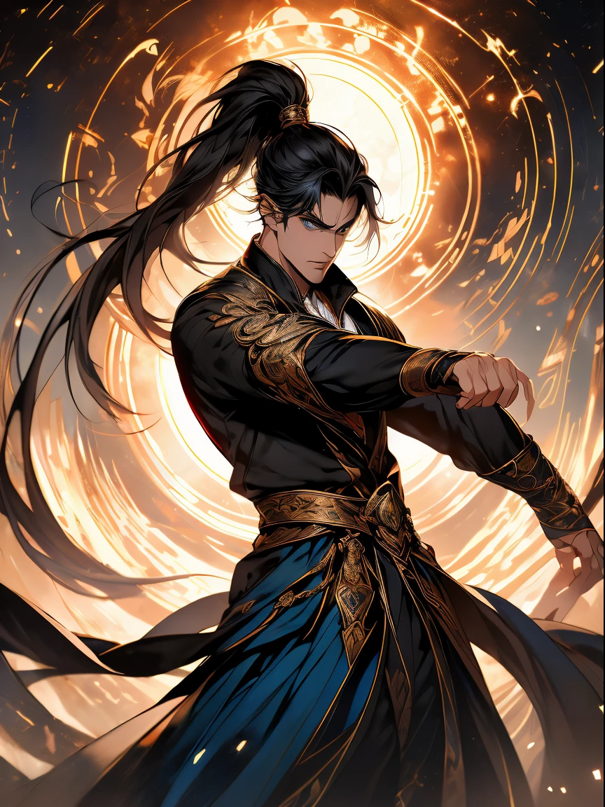 a painting that represents the nature of magic in his world，Black hair with high ponytail，blue eyed protagonist，There is a mysterious black mark on the neck，Blackn clothes，Immerse yourself in a barrage of magical energy，Normal hands，Glowing particles dance around him，Mysterious symbols formed in the sky，In the blue mysterious space， tmasterpiece， Best quality， ultra - detailed， lamplight， 8k resolution concept art， Fantasyart， epic art， 4K concept art wallpaper，dark colour，natural  lightting，swirls of magic