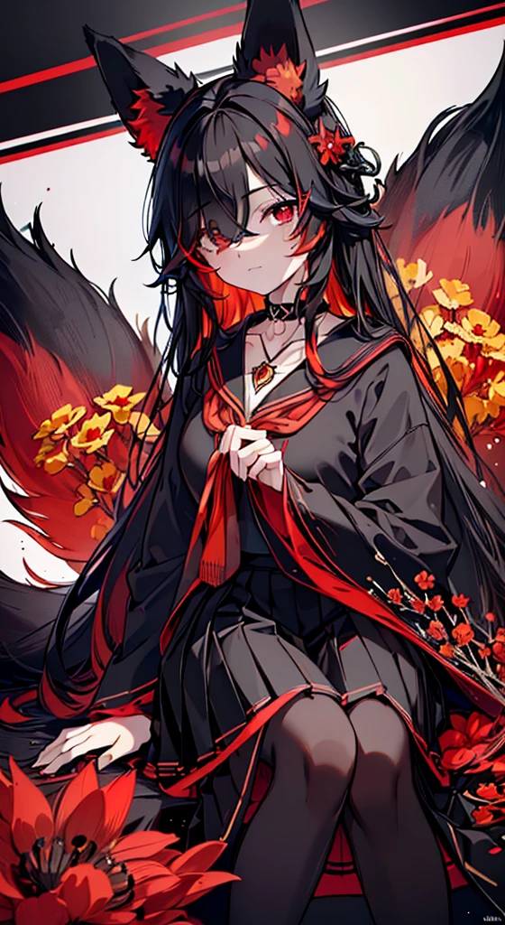 (extremely detailed CG unity 8k wallpaper), (((ultra-detailed))), ((extremely detailed)), (((intricate details))), (((best illustration))), best illumination, ((extremely delicate and beautiful)), ((an extremely delicate and beautiful girl)), colorful, manjusaka, red flower field, (((colorful flowers))), ((solo:1.9)), ((1 fox girl)), (Black and red Kitsune with long black hair with fox ears and fox tail), (2 colored black and red fox ears:1.6), (2 colored black and red single fox tail:1.6), ((finely detailed beautiful eyes and detailed face)), sad expression, melancholic smile, long hair, (((black hair))), (hair over right eye:1.9), (red eyes:1.9), beautiful detailed eyes, mature female, gentle, slender, medium breast, (Black and red sailor top and black short skirt:1.5), (medium height black boots), ((black choker with red pendent:1)), manjusaka birthmark on neck, sitting, full-bodied, bishoujo, 19 years old,