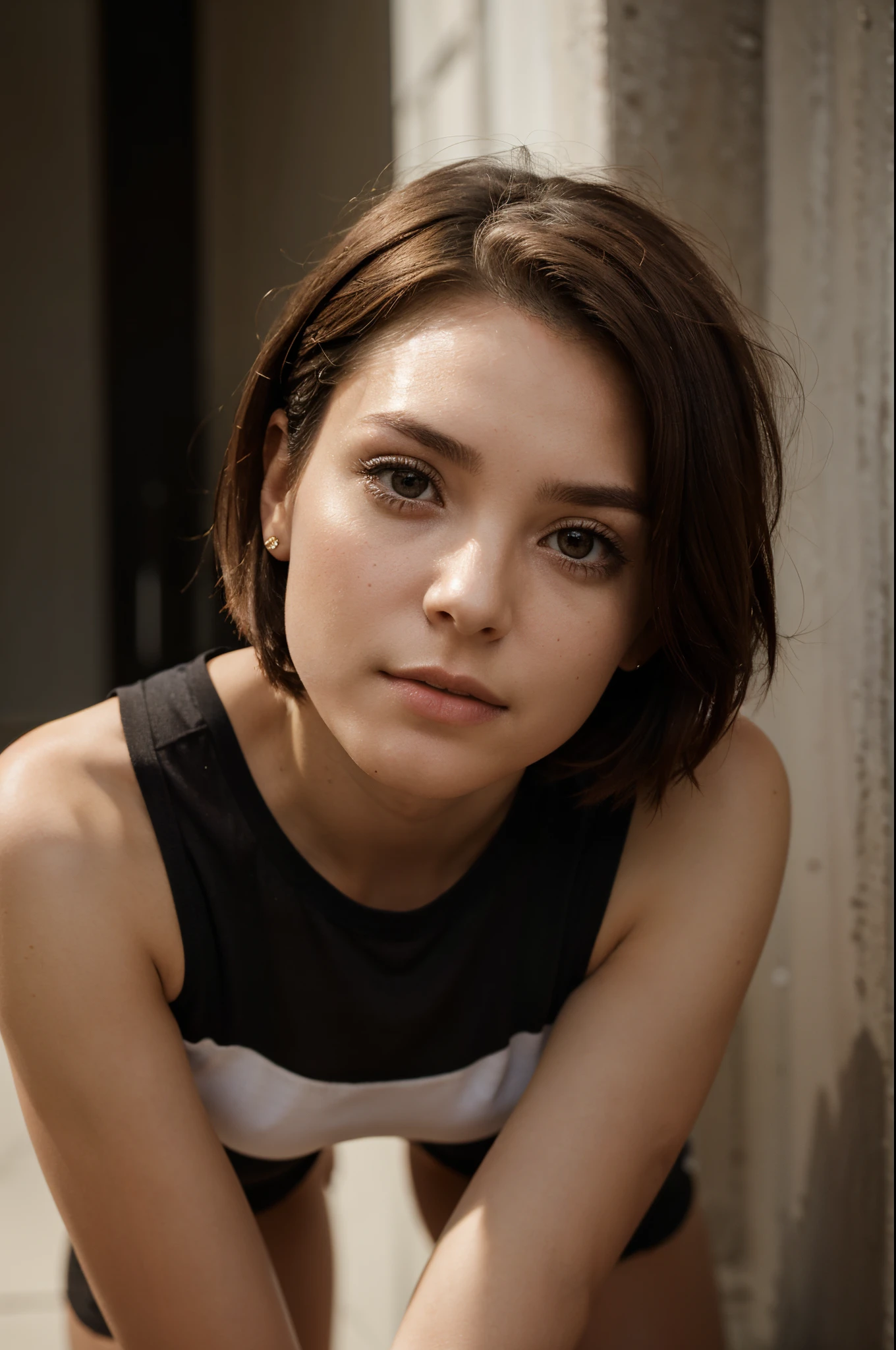 small waist girl, short hair, brown hair, sharp jaw line, on her knees, looking up to the camera