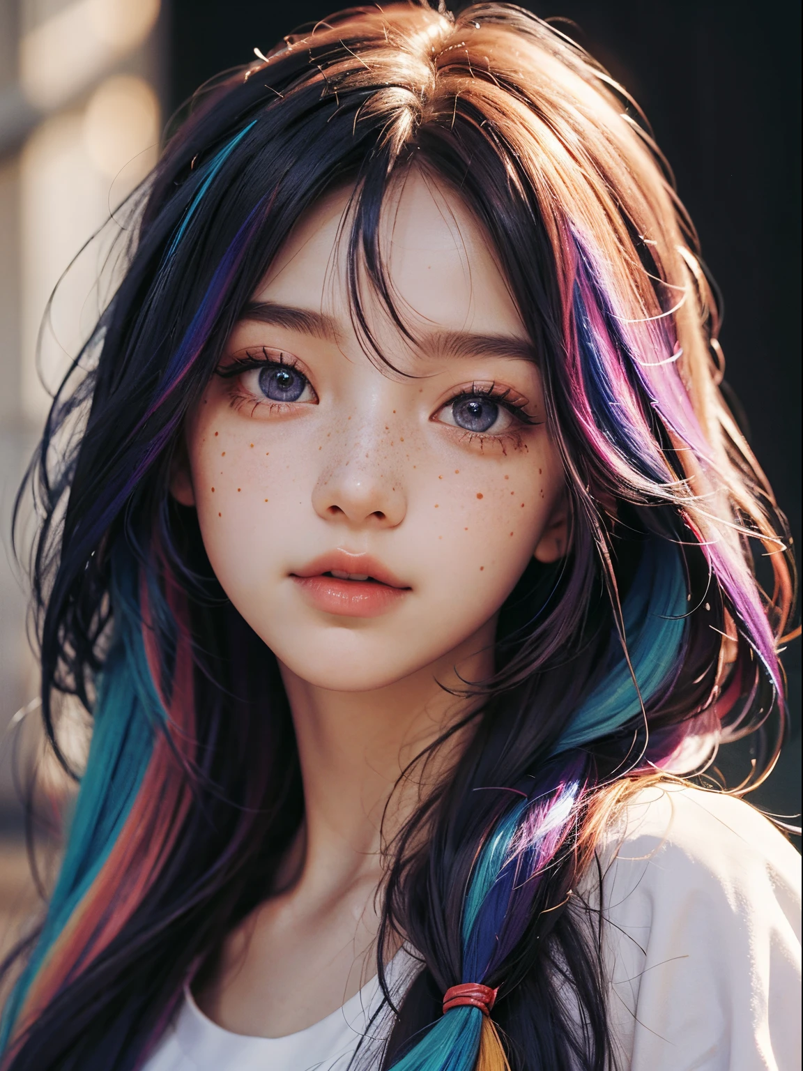 Girl, close up, freckles:0.8, colorful hair, colorful eye