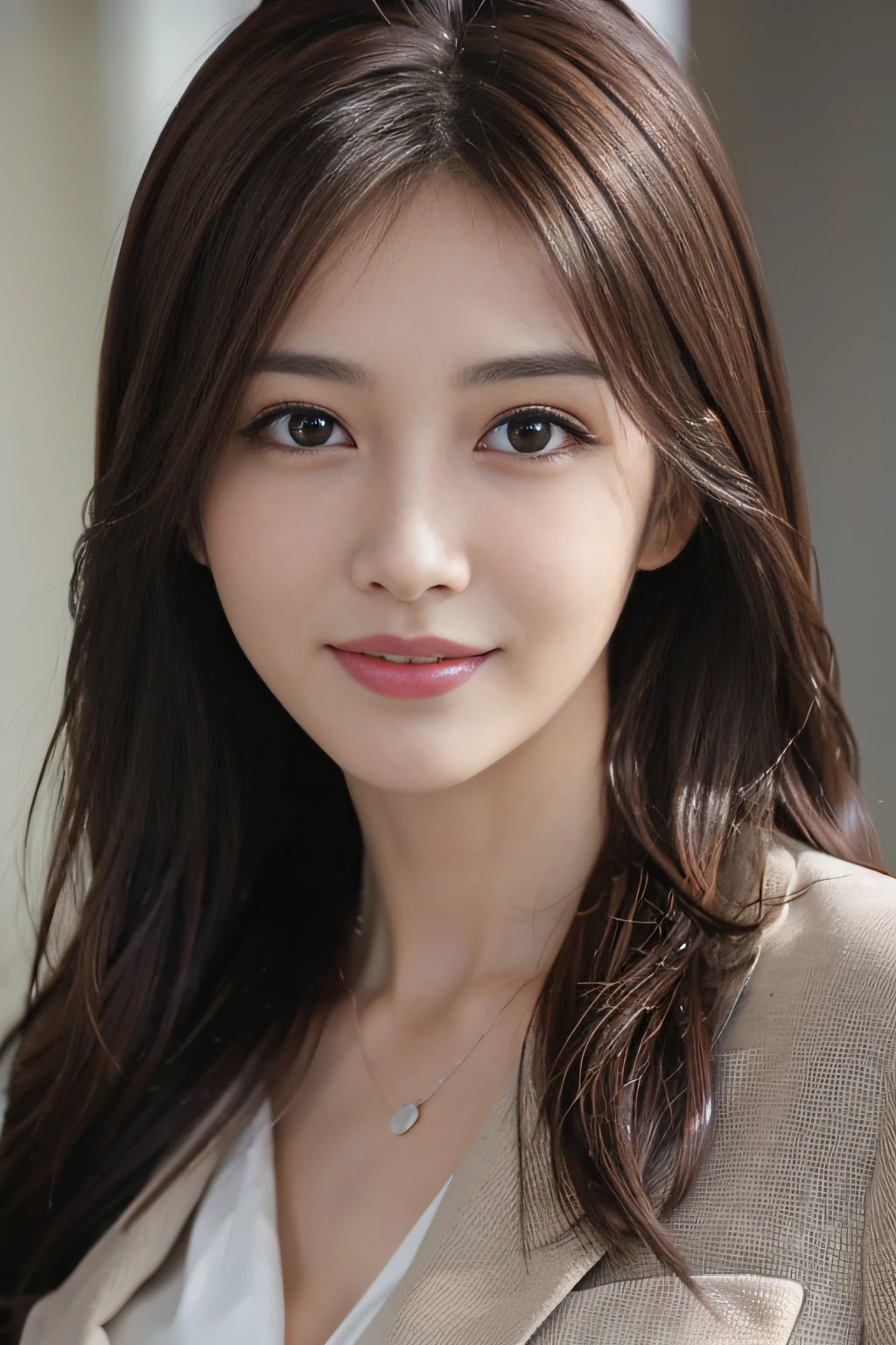 masutepiece, Best Quality, Photorealistic, Ultra-detailed, finely detail, High resolution, 8K Wallpaper, 1 beautiful woman,, light brown messy hair, in a business suit, foco nítido, Perfect dynamic composition, Beautiful detailed eyes, detailed hairs, Detailed realistic skin texture, Smiling, Close-up portrait, Model body type