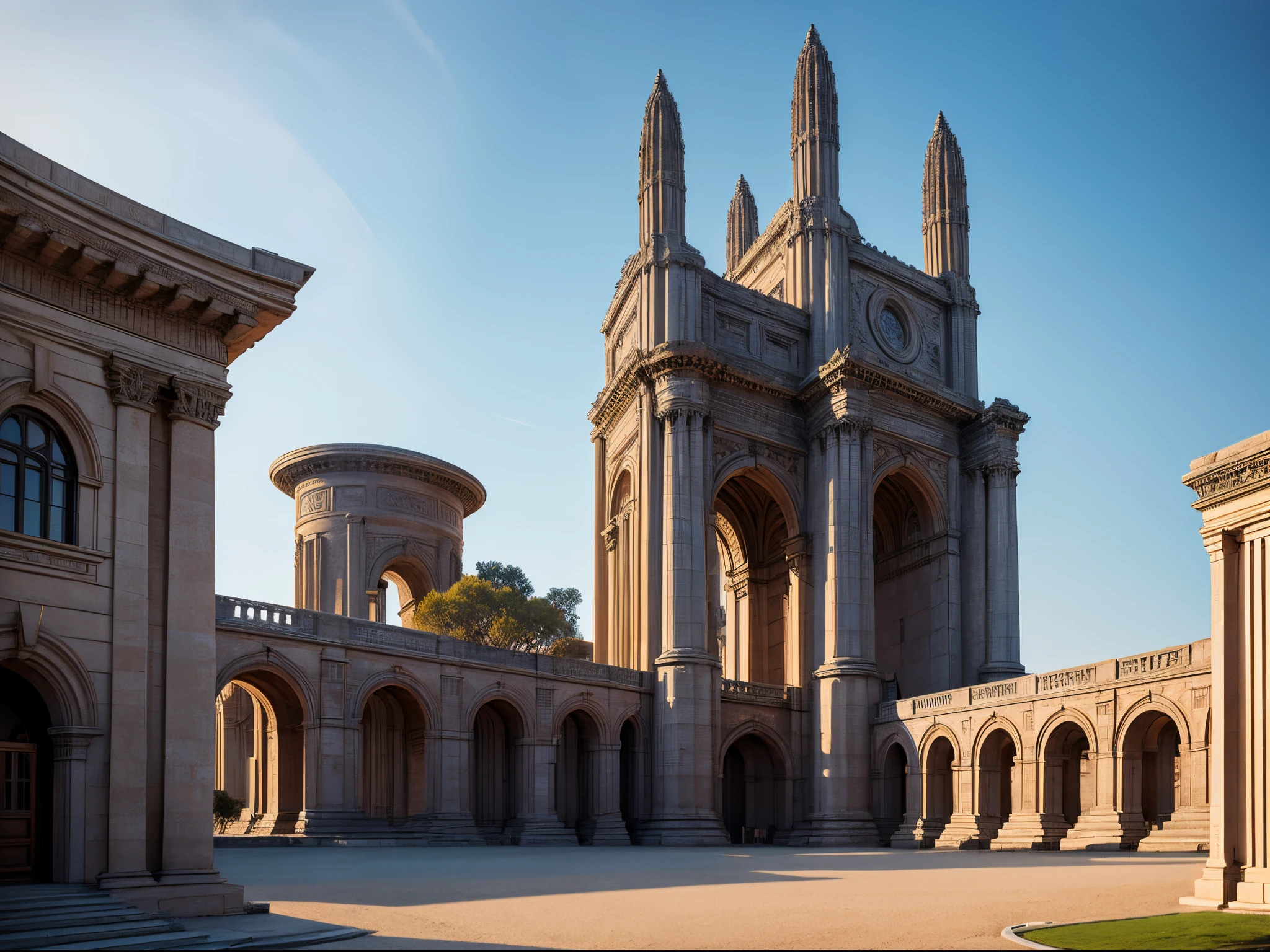 Transport a historic architectural landmark into the distant future. Envision a fusion of traditional and futuristic elements, where ancient structures coexist with cutting-edge technology. Capture the clash of timelines in a single, seamless composition.