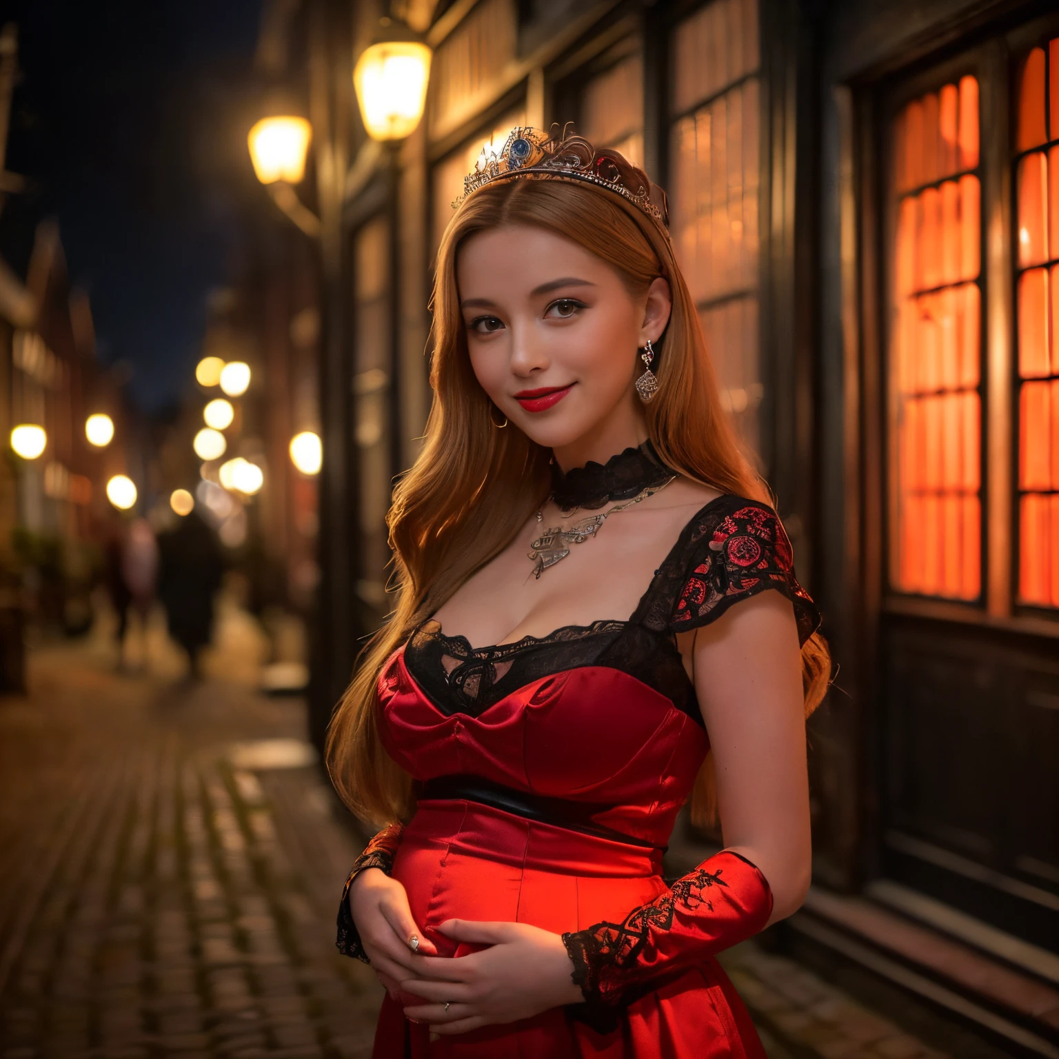 ((top-quality、masutepiece、8K、Top image quality、Highly complex and detailed depictions))、(dutch princess pictures:1.3)、Luxury red-light district of medieval Holland、most luxurious princess costumes、Pregnancy、((The most beautiful medieval Dutch princess costumes、The most luxurious medieval Dutch princess costumes、The most extravagant and lewd red-light district、An unimaginably huge entertainment district、A very luxurious and obscene red-light district in medieval Holland、Huge red light district at midnight in medieval Holland、Very complex decoration)、(View me、Bewitching smile、long eyelashes、Perfect makeup、lipsticks、A slight smil)、(perfect anatomia:1.2)、(Depth of field is deep:1.5)、(Detailed and intricate red light district background:1.3)、(Vivid background of a obscene medieval Dutch red-light district:1.3)、spectacular movie lighting、(romantic mood night:1.1)、(Perfectly recreates the atmosphere of a medieval Dutch red-light district:1.3)、(obscene entertainment district:1.1)、(Obscene mood 1.1)