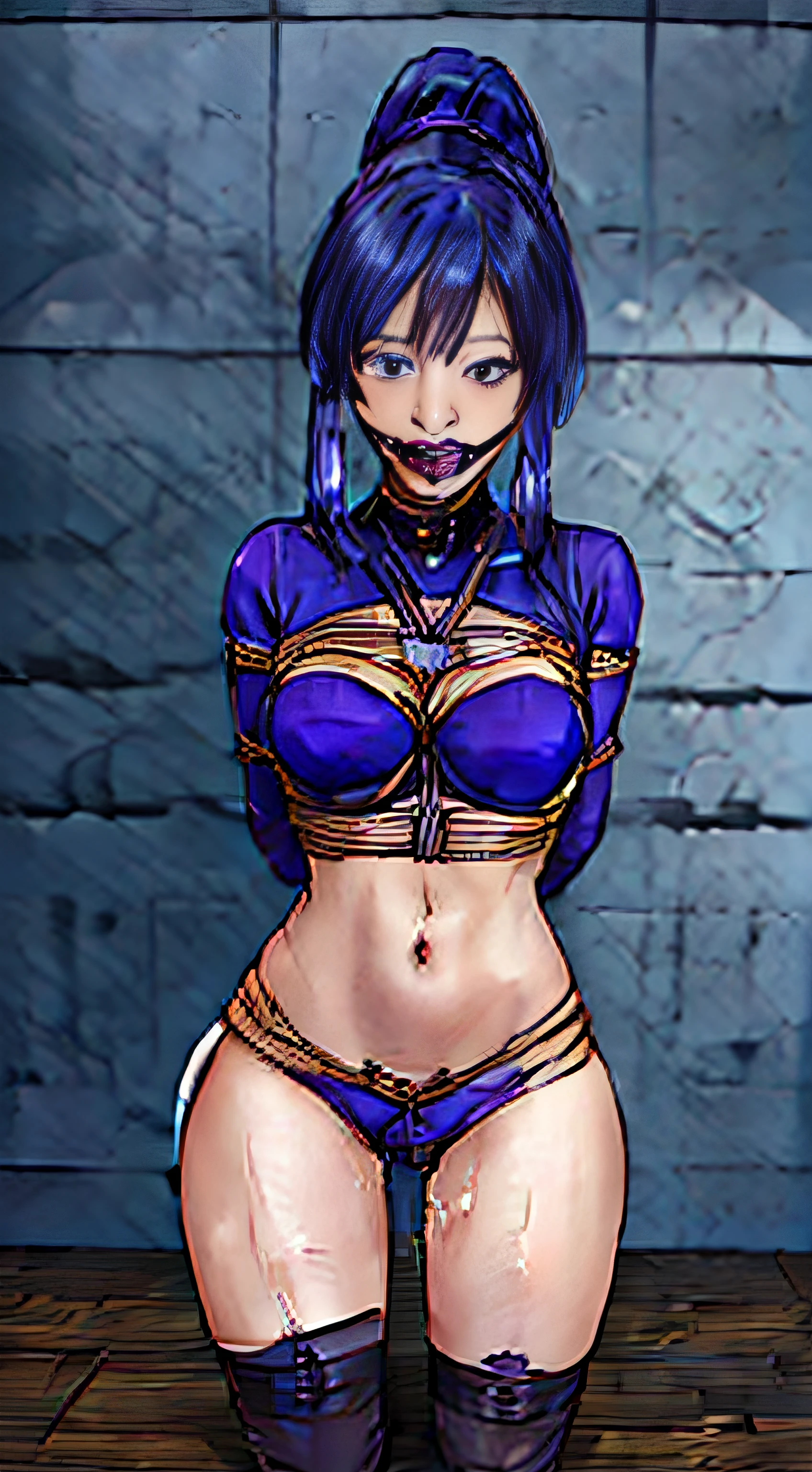 (Lace lingerie big breasts: 1.3), slightly smiling face, (ornate hair), (Purple underwear), woman tied with chains, full bodyesbian, ((Keep your arms behind your back)), tied to a collar, ((top-quality, 8K, tmasterpiece: 1.3)), Focus Clear: 1.2, Beautiful woman with perfect figure: 1.4, Slim abs: 1.2, ((Layer cutting, bigger: 1.4, tortoiseshell binding)), (Sateen, high-rise office), Get wet: 1.5, Highly Detailed Face and Skin Textur, A detailed eye, pic, soft chest and white skin
