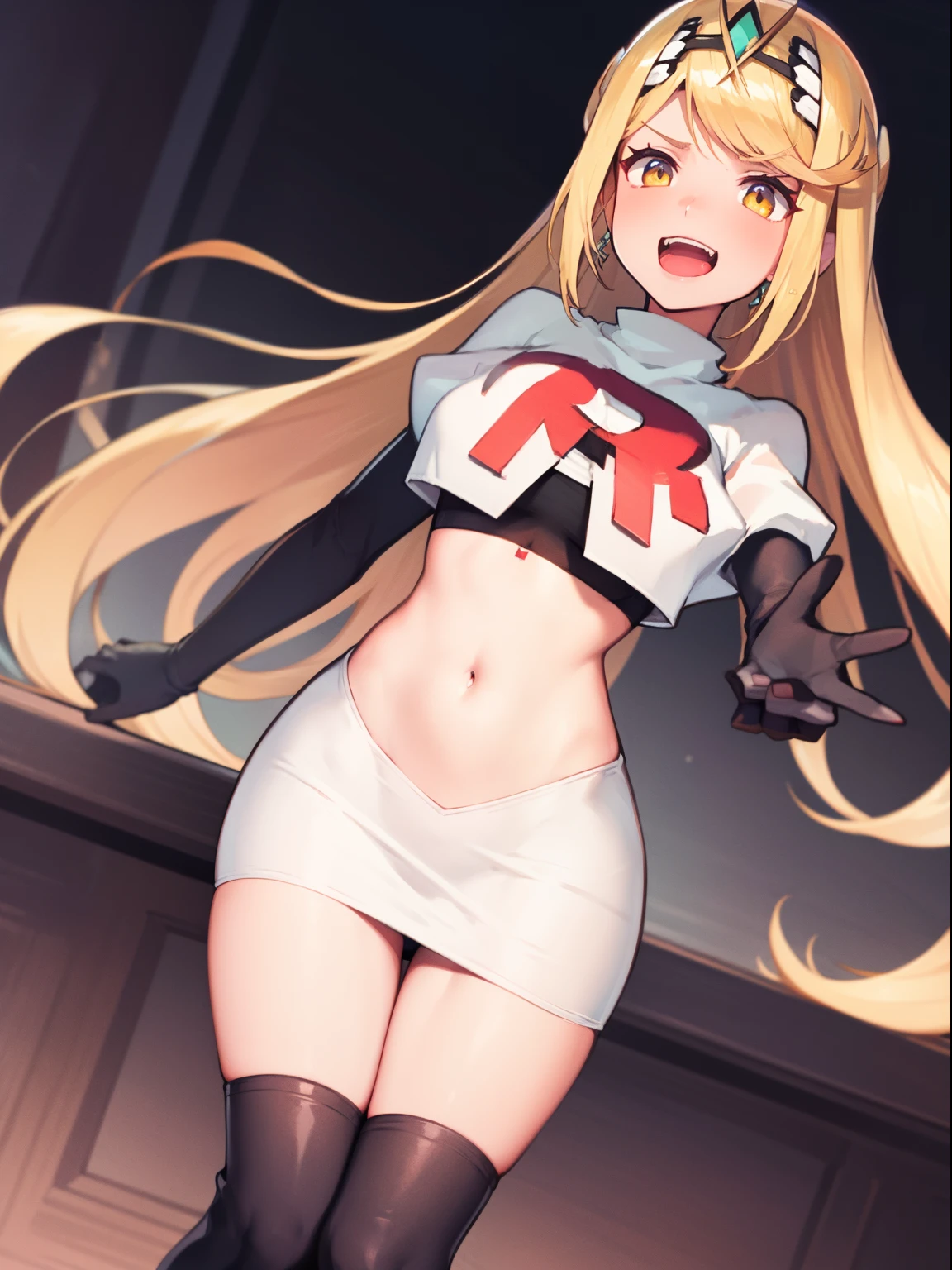 mythra \(xenoblade\), blond hair, yellow eyes, team rocket uniform, red letter R, white skirt,white crop top,black thigh-high boots, black elbow gloves, evil laugh,